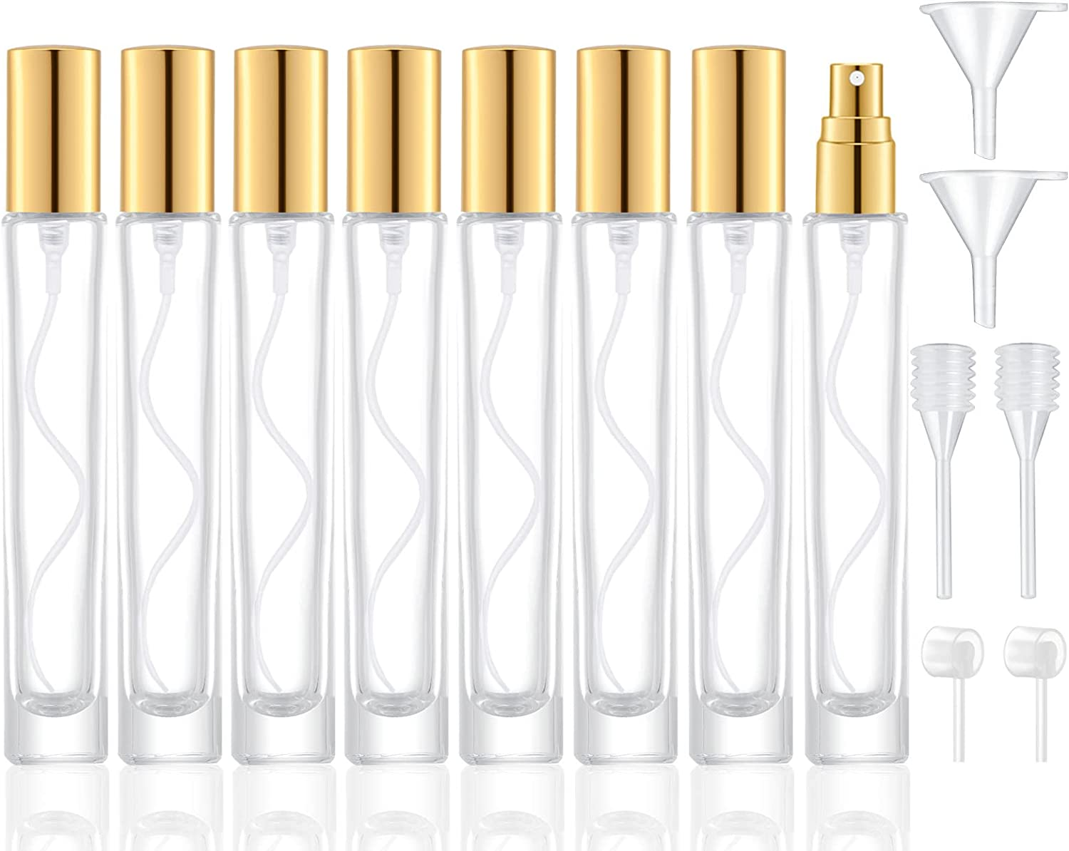 IRON BILL 10Ml Glass Spray Bottle, Thick Glass Atomizer, Perfume Decanter Kit, Small Travel Perfume Atomizer Bottle Refillable (8PCS, Gold) image number 1