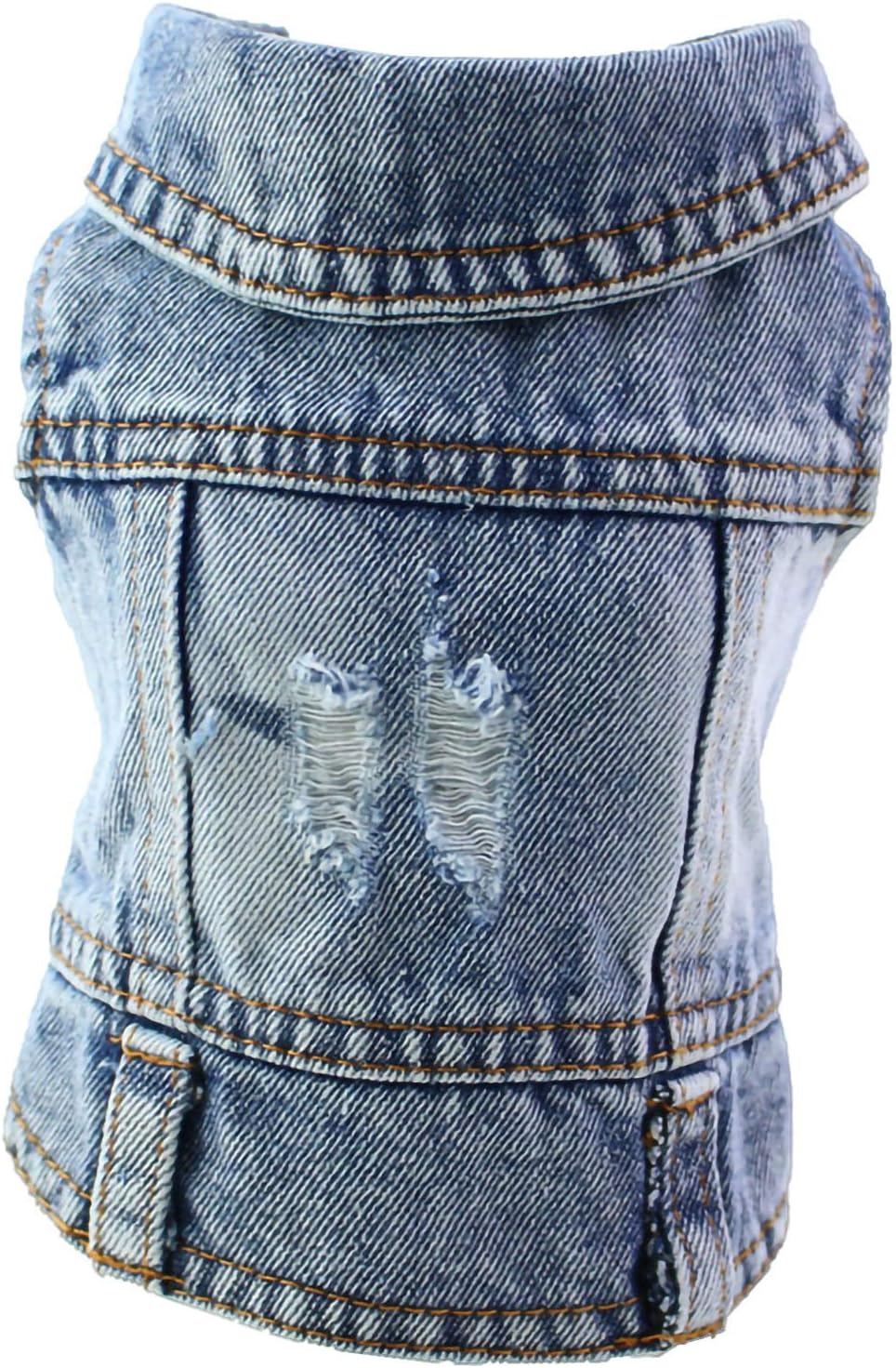 Fuqibasics Pet Clothes Dog Jeans Jacket Cool Blue Puppy Denim T-Shirt for Small Medium Dogs Cats Lapel Vests Classic Vintage Washed Dog Clothes Scratch Design Adorable Dog Shirt