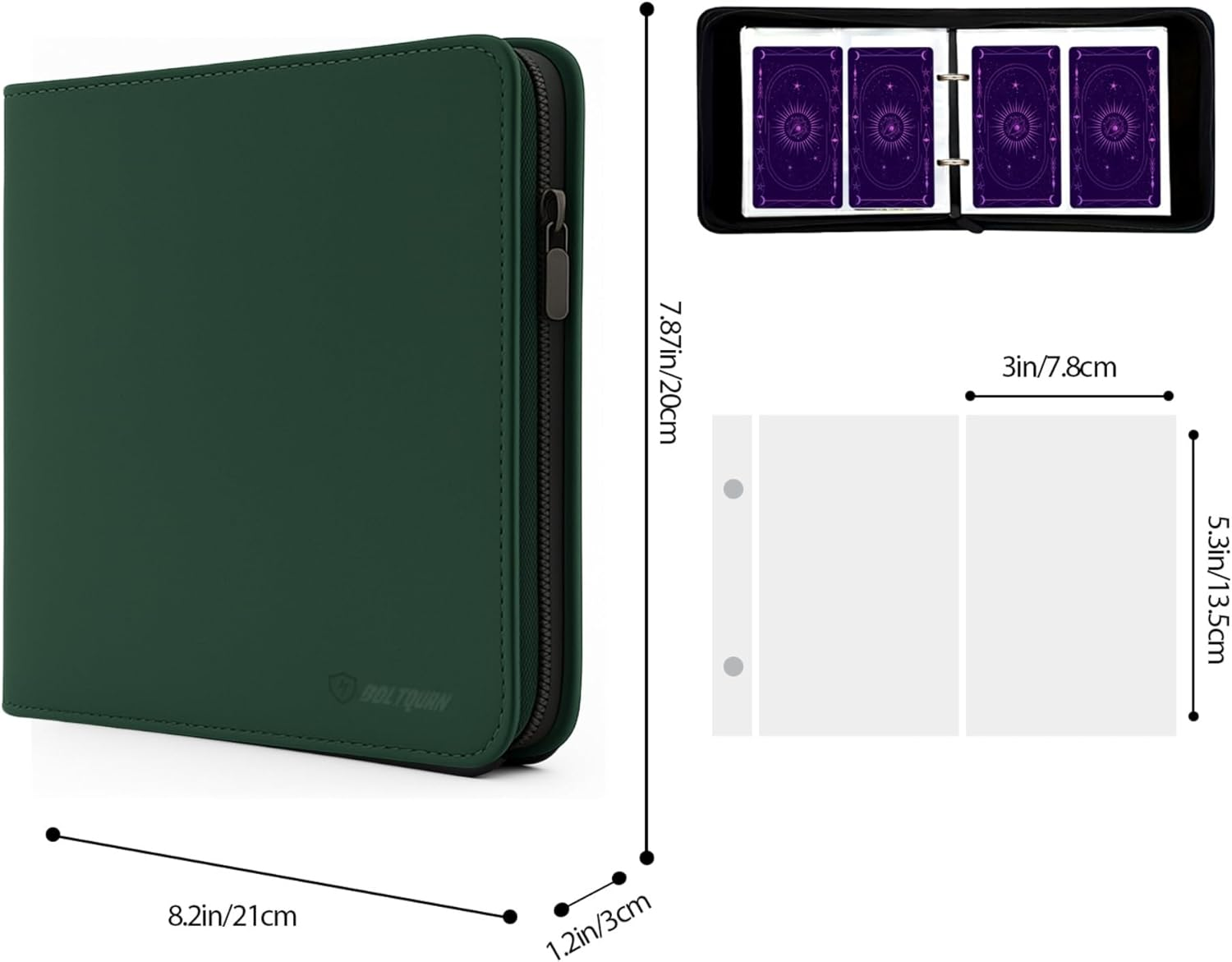Tarot Card Binder PU Leather &ndash; Holds 80 Cards, Zippered Storage Case for Tarot & Oracle Cards &ndash; Portable Album with Expandable Sleeves, Double-Sided Sheets (Green) - Purple image number 7