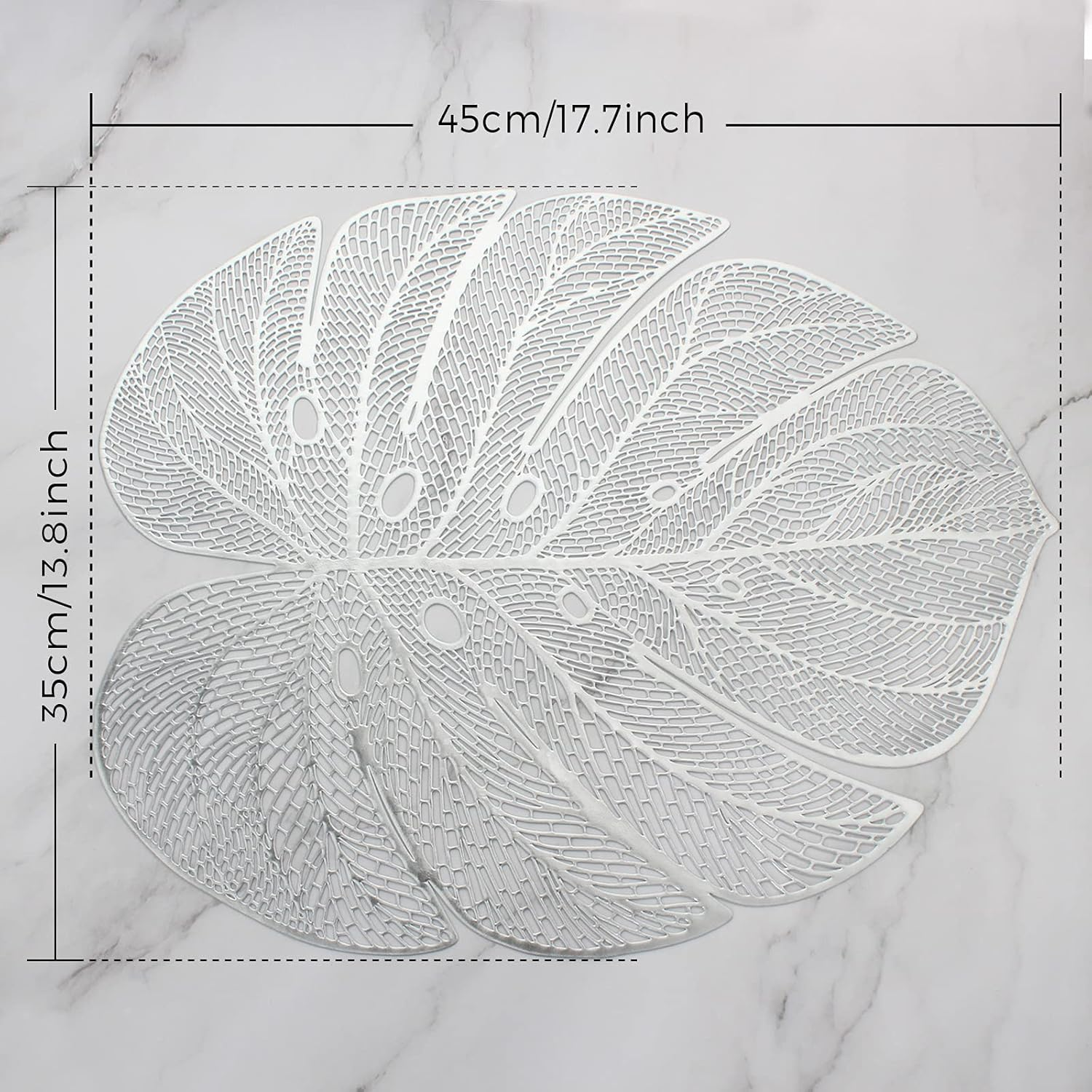 Evevda Silver Leaf Shaped Vinyl Placemats Set of 4 Metallic Plastic Place Mats Wipeable 4Pcs Table Mats for Wedding Anniversary Dinner Table Decoration Mats(17.7X13.8Inch/45X35Cm) image number 6