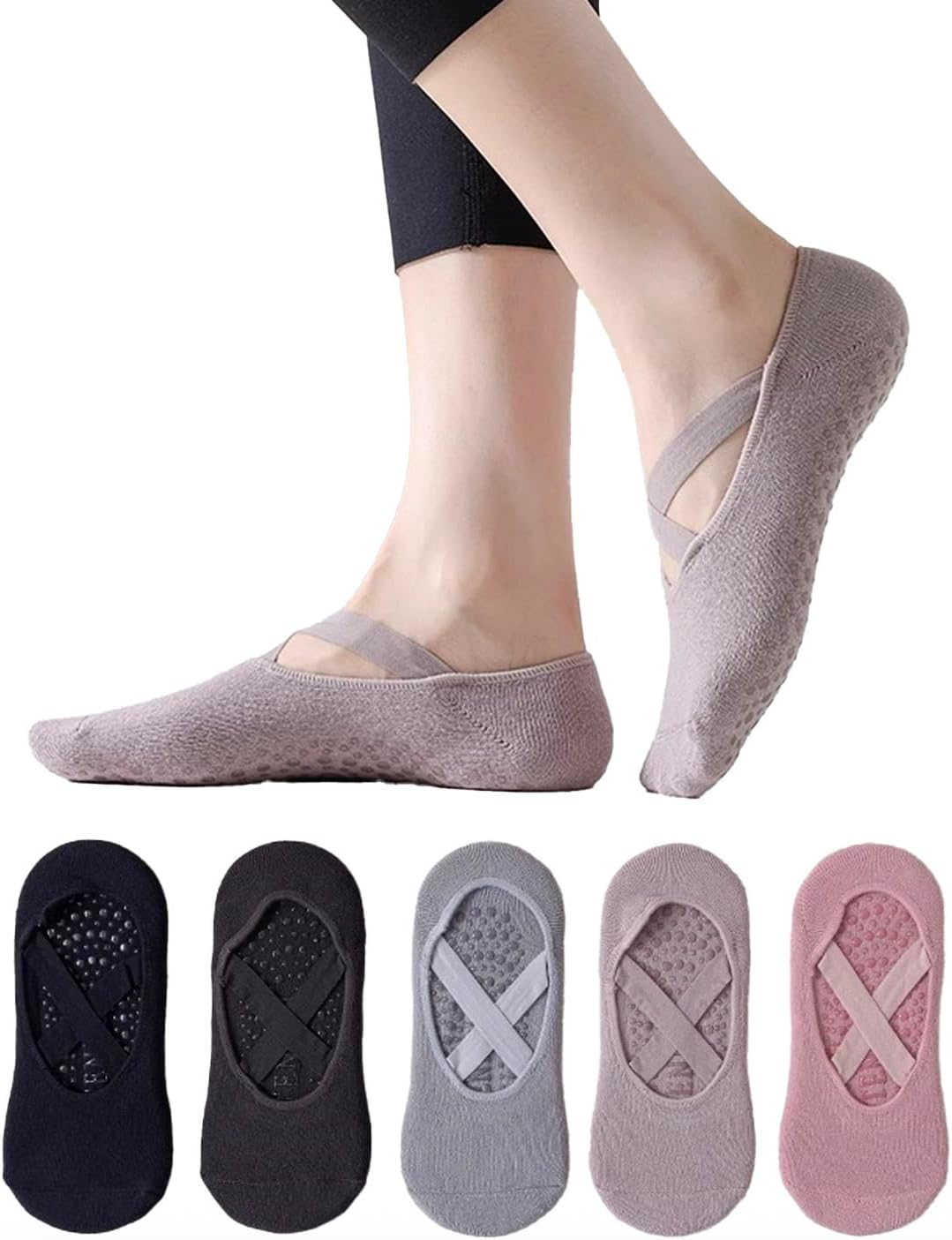 5 Pairs Yoga Socks for Women Non-Slip Grips & Straps, Ideal for Pilates, Pure Barre, Ballet, Dance, Barefoot Workout