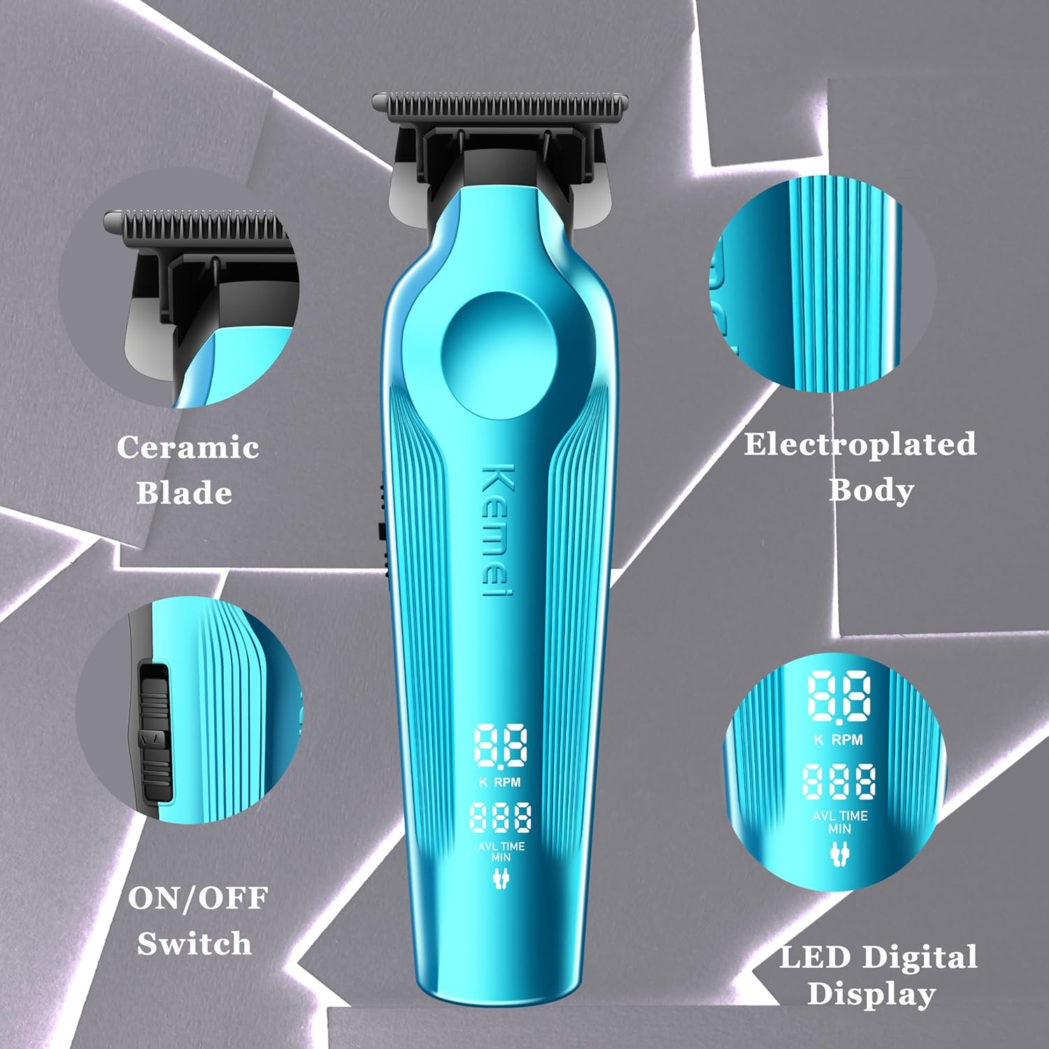 KEMEI Hair Trimmer for Men, Zero Gapped Cordless Hair Clippers Beard Trimmers with T Blade, Rechargeable Barber Clipper with LED Display, Blue image number 2