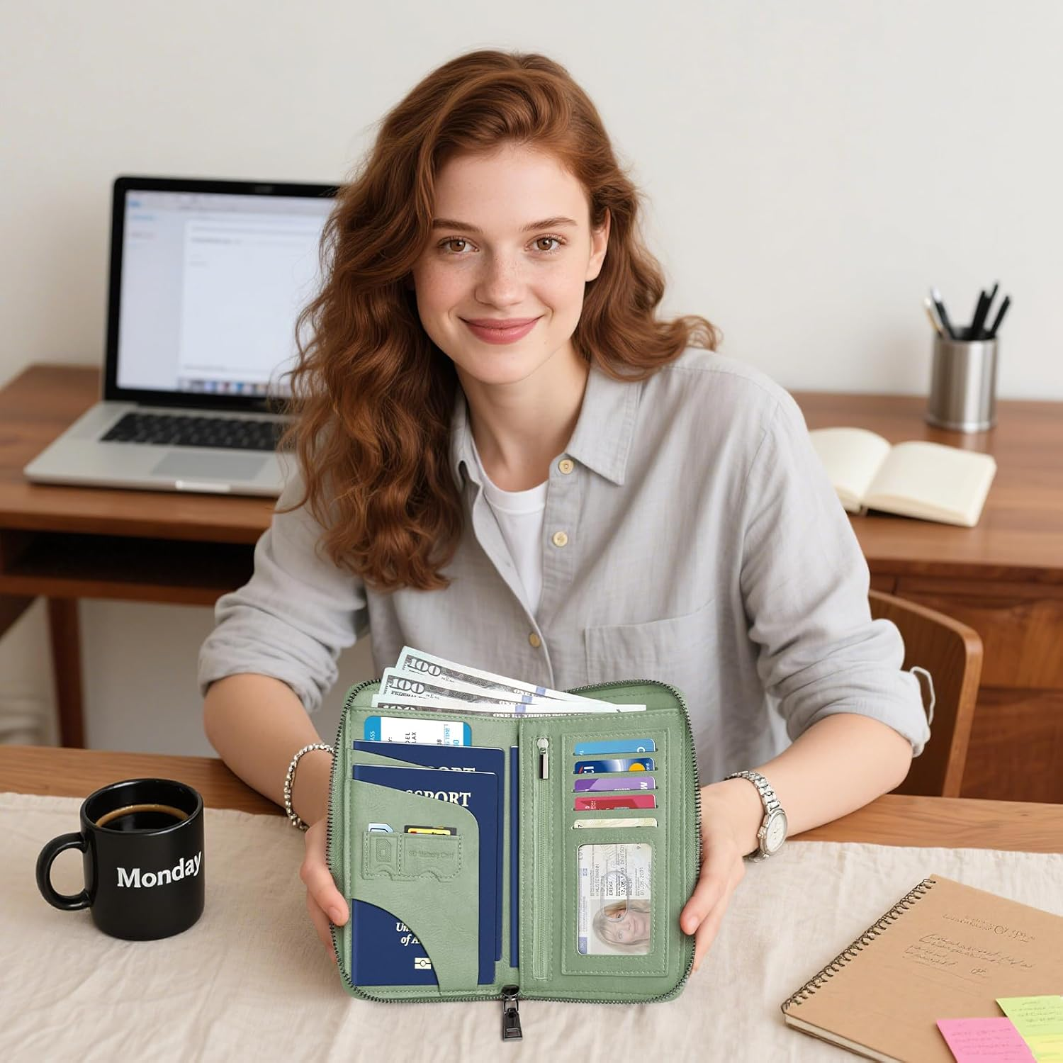 Family Passport Holder Wallet with Zipper, RFID Blocking Travel Document Organizer, PU Leather Passport Wallet for Women Men, Passport Cover Travel Wallet for Boarding Pass, ID, Money, Tickets, Light image number 4