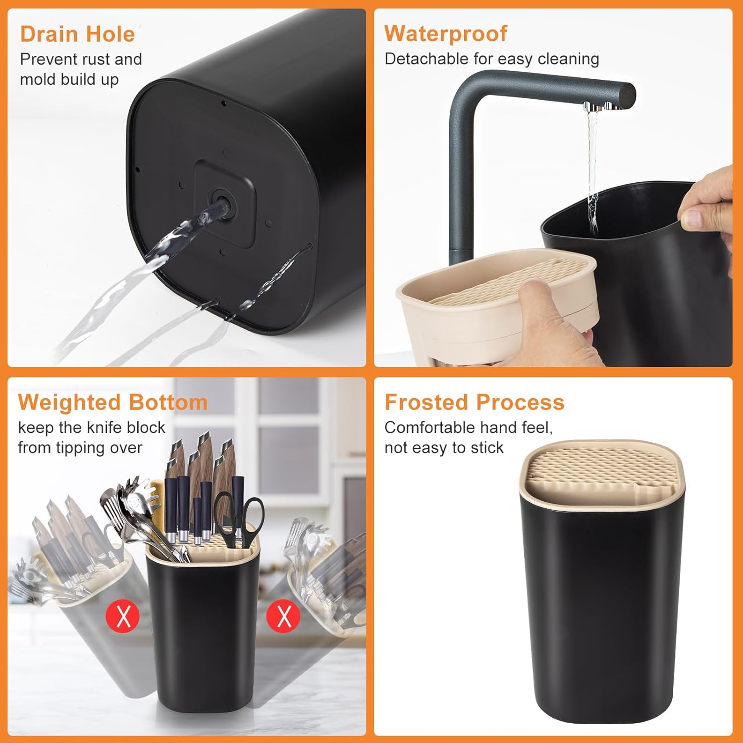 Ninonly 4-In-1 Knife Block without Knives, Universal Knife Block without Knives, Black with Storage Space for Scissors, Sharpening Bar, Knife Holder, Kitchen Utensil Holder, Knife Block Holder for All image number 2