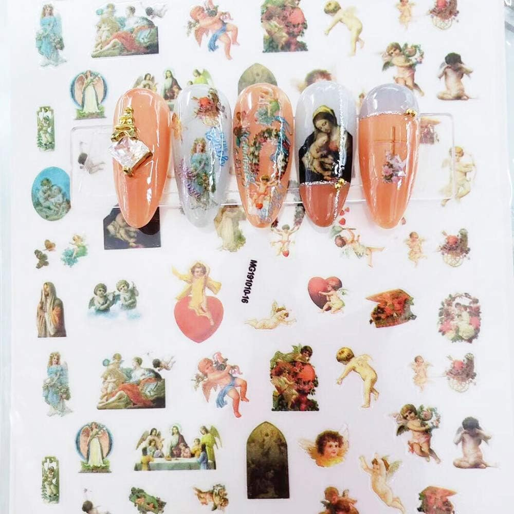 Angel Nail Stickers, 3D Self-Adhesive Baby Angels Nail Decals Baroque Flower Leaf Nail Art Stickers Colorful Mixed Angel Valentine'S Day Nail Decorations for Women Girls (4 Sheets) image number 5