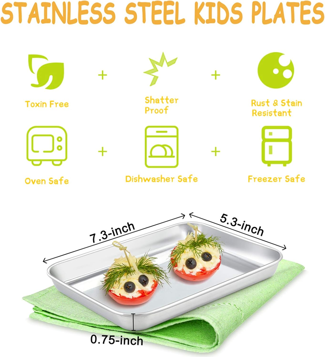 E-Far Stainless Steel Kids Plates, 4 Pieces Mini Metal Dinner Dish Set for Kids Toddler Child, 7.3&rdquo; X 5.3&rdquo; X 0.75&rdquo;, Non-Toxic & Dishwasher Safe, Great for Self-Feeding/Picnic/Outdoor Camping image number 2