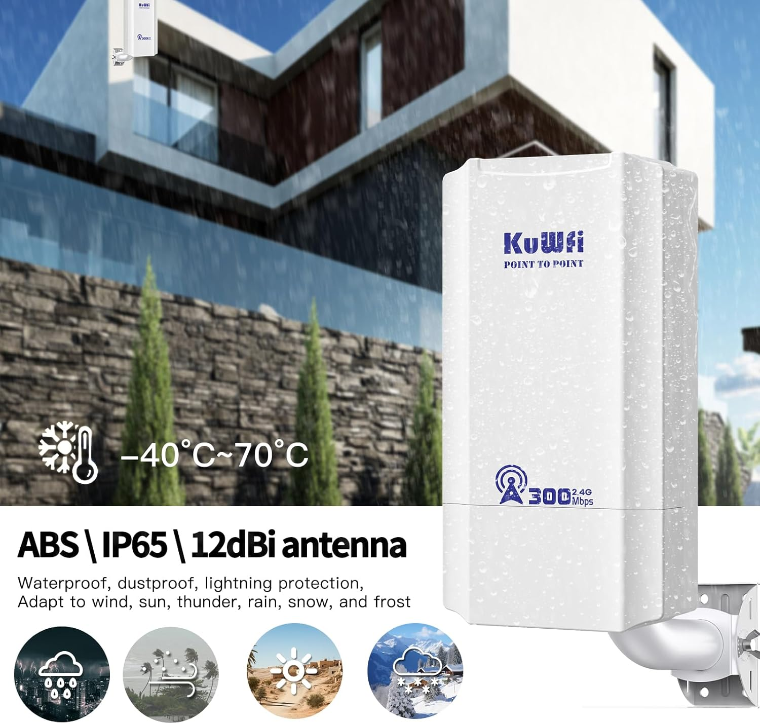 Wireless Bridge Outdoor 300 Mbps,Kuwfi 2.4G Access Points Wifi Bridge 1KM Long Range,8Dbi Antenna Wifi Outdoor CPE with LED Display to Configure the WDS PT/PTMP for SATRLINK Router&Camera image number 1
