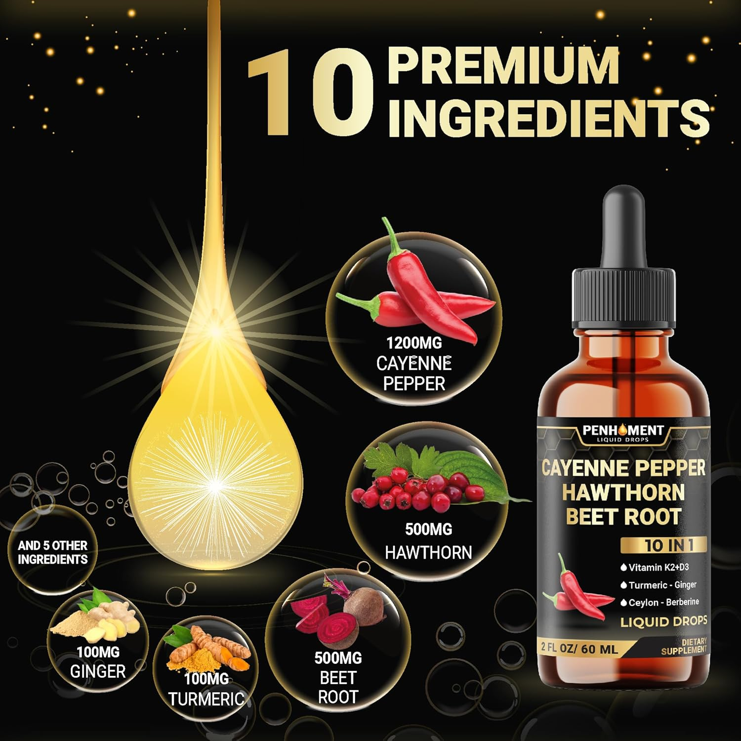 PENHOMENT 10In1 Cayenne Pepper Liquid Drops + Hawthorn Berry, Vitamin D3, Vitamin K2, Beet Root, Turmeric, Ginger and More - Digestion Support - 2 Fl Oz - 2 Months Supply image number 1
