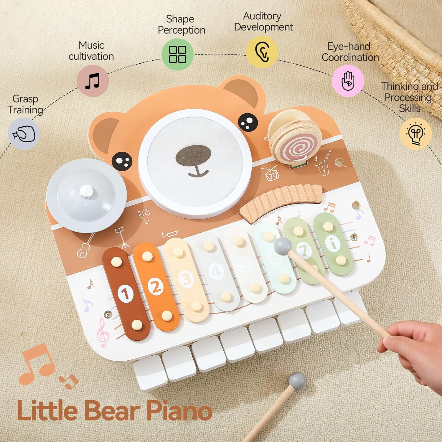 Wooden Musical Instruments for Toddlers 1-3, Percussion Instruments for Kids Baby Drum Set Xylophone, Montessori Educational Musical Toys, Gifts for Girls Boys