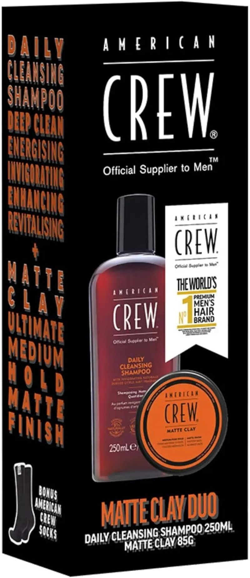American Crew Matte Clay & Daily Shampoo Pack with Bonus Socks, Hair Styling Set, Strong Hold, Matte Finish, 85G Clay, 250Ml Shampoo, 3 Items