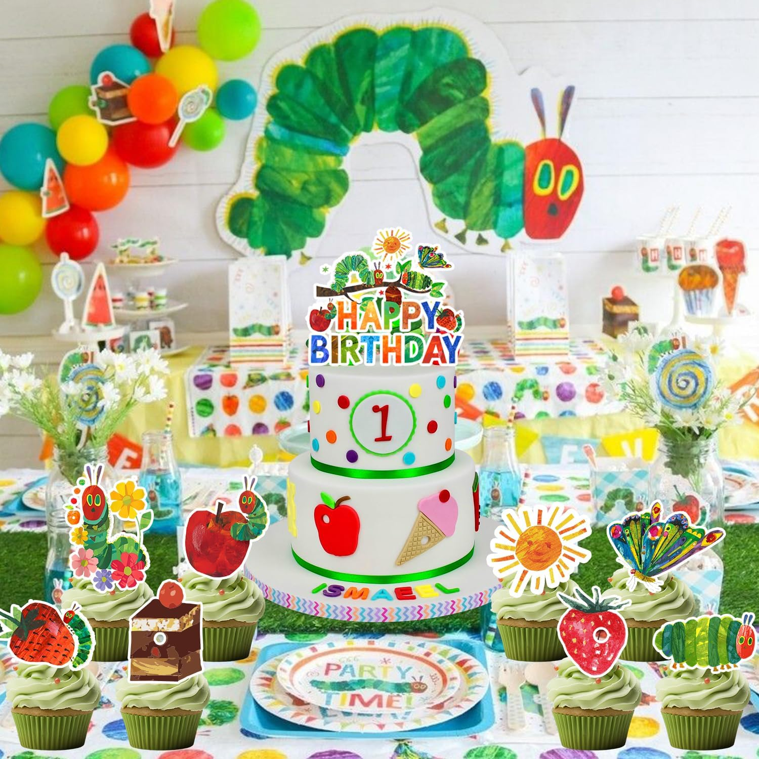 25Pcs Very Hungry Caterpillar Cake Decorations, Hungry Caterpillar Decorations Set Including Caterpillar Cake Topper + Hungry Caterpillar Cupcake Toppers for Kids Baby Shower image number 5
