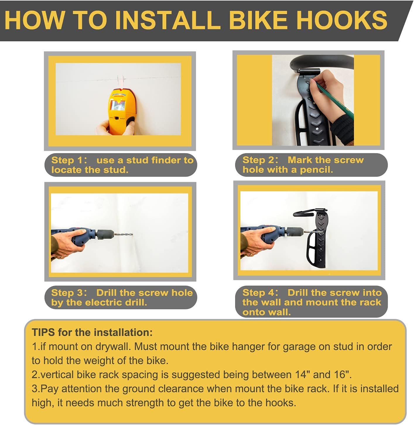 Bike Rack for Garage Wall Mount 4 Pack Vertical Bike Hooks Bicycle Hanging Hooks for Indoor Storage with Non-Reversible Hooks image number 1