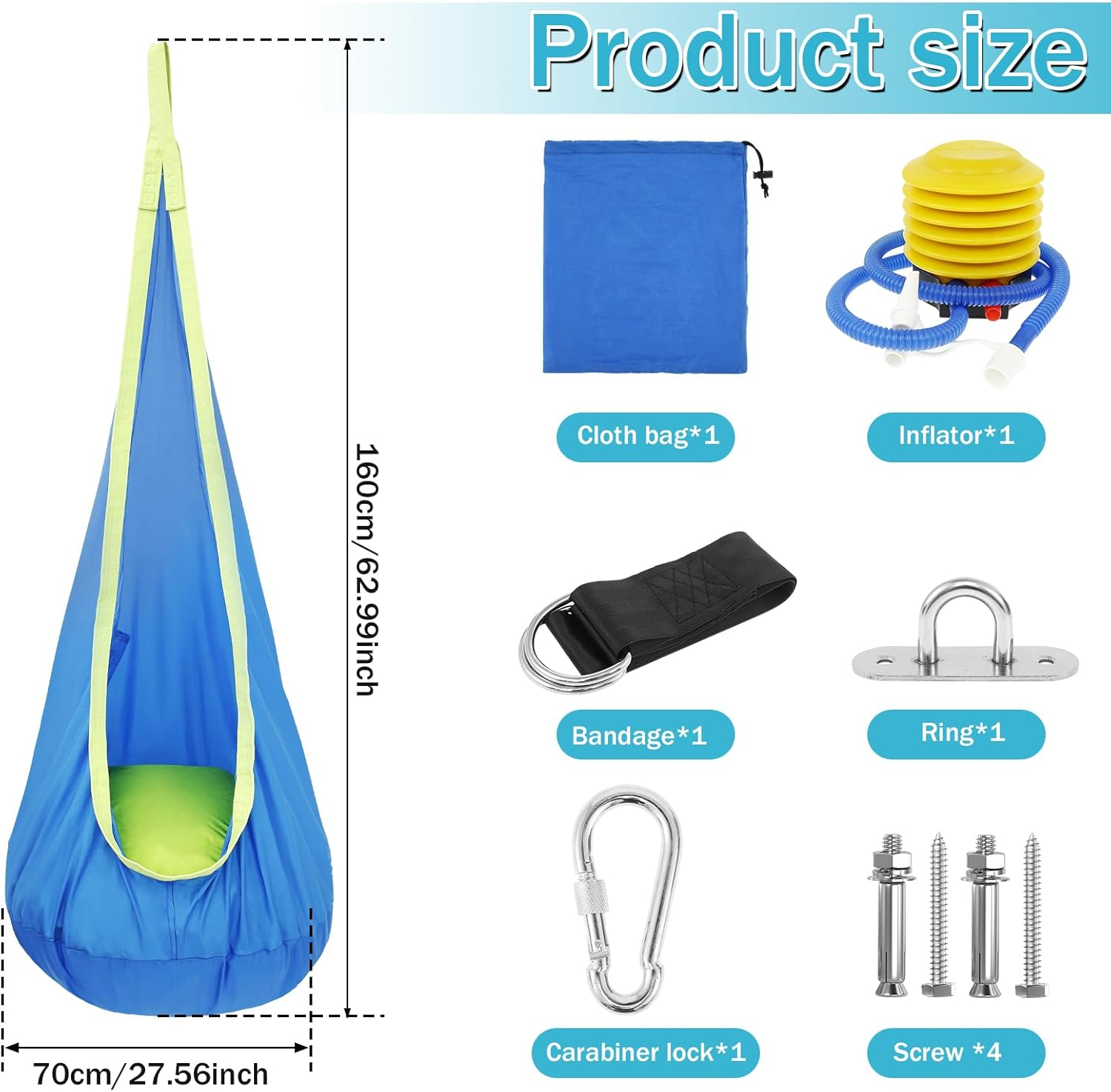 Kids Pod Swing Seat, Portable Hammock Sensory Chair Swing, with Inflatable Pillow Hanging Hammock Chair, with Pocket Max 80 Kg, for Indoor Outdoor Use Kids, for Backyard Playground Indoor Outdoor image number 6