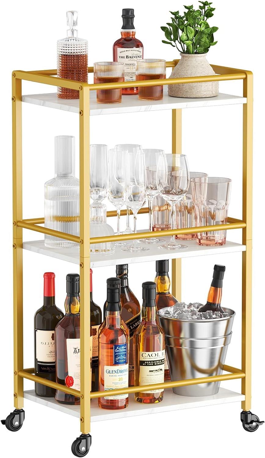 Lifewit Bar Cart for the Home, 3 Tier Small Rolling Wine Cart, Drink Serving Cart with Lockable Wheels, Mini Liquor Utility Cart for Kitchen Dining Living Room, 17" X 11.8" X 32.1", Gold image number 3