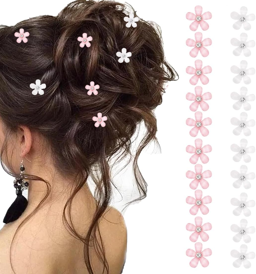 20 Pcs Mini Flower Hair Pins Rhinestone Cute Hair Pins Flower Hairpins Small Exquisite Hair Accessories Women Hairpins Flower Mini Hairpin Flowers (White+Pink)