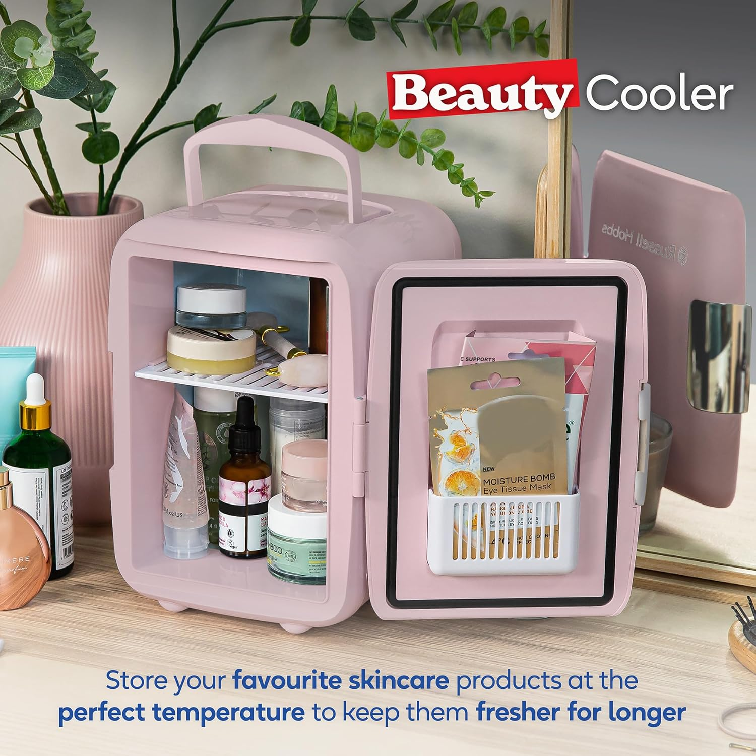 Russell Hobbs 4L/6 Can Portable Mini Cooler & Warmer for Drinks, Cosmetics/Makeup/Skincare, AC/DC Power, Retro Style, Pink, for Bedroom, Home, Caravan, Car RH4CLR1001P