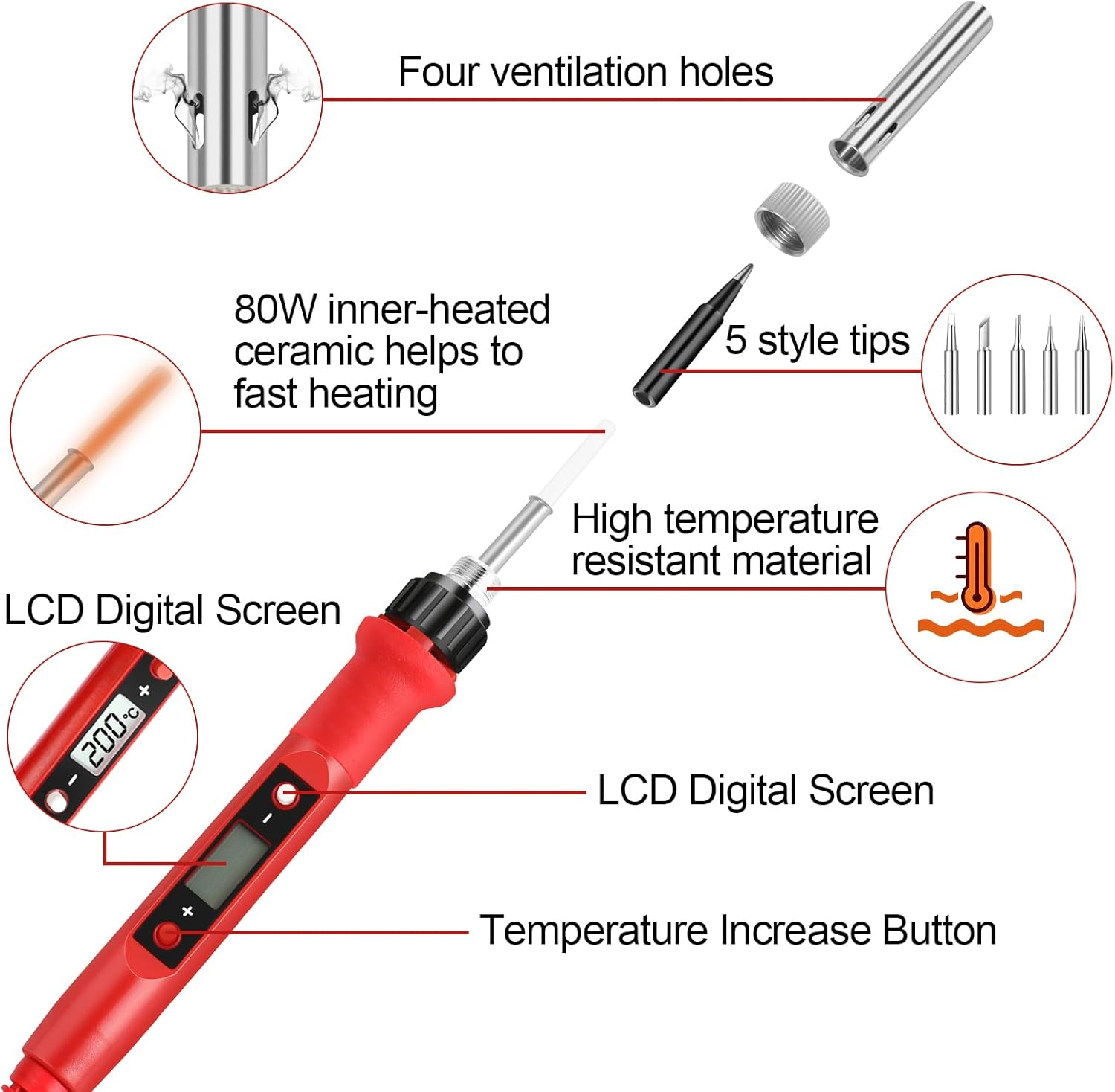 80W Soldering Iron Kit, LCD Digital Soldering Welding Iron Kit Adjustable Temperature Soldering Household Electronic Soldering Repair Tools image number 5