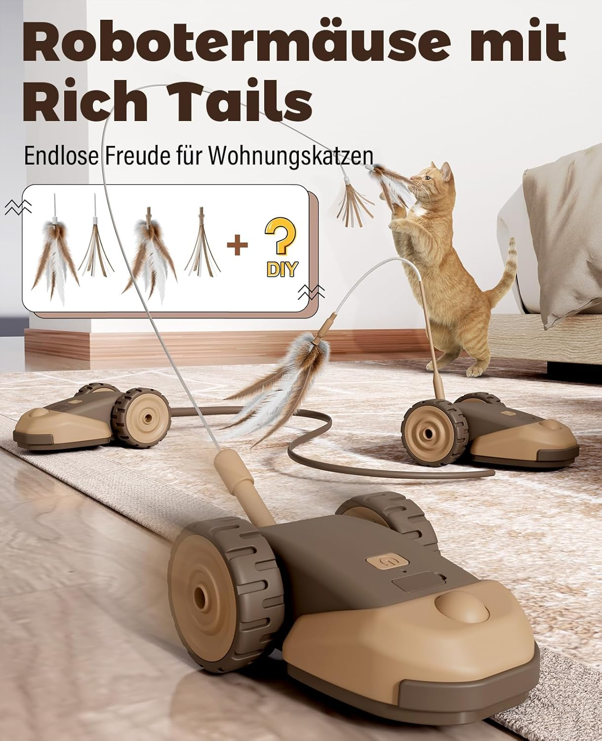 Casfuy 3-In-1 Interactive Cat Toy - 2-Speed Cat Toy Electric Self-Employment with 2 Pieces Hanging Feather Cord Band and Wiggly Silicone Mice Tail for Indoor Cats image number 6