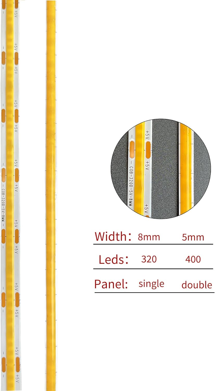 Clearhill 5V USB COB LED Strip Lights with Dimmable Switch,6.56Ft/2M,Warm White 3000K,320Leds/M,5Mm Width,Not Waterproof IP20,1.5M USB Switch Cable,For DIY Home Indoor Decoration image number 1