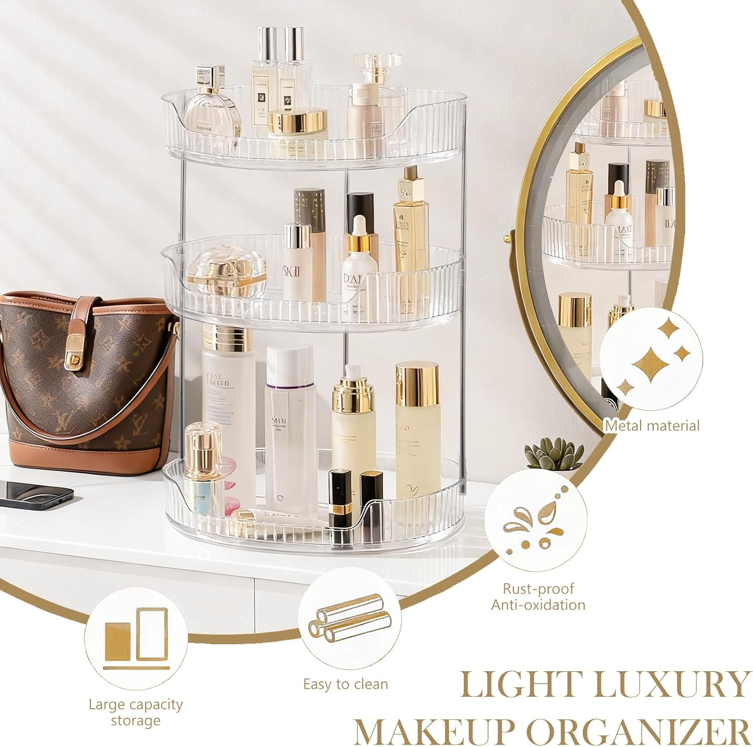 YUDSKU Makeup Organiser, 360 Rotating Spinning Skincare Cosmetic Organiser 3 Tier Large Beauty Spinny Makeup Storage Organiser, Storage Display Case for Bathroom Countertop, Dresser, Vanity image number 1