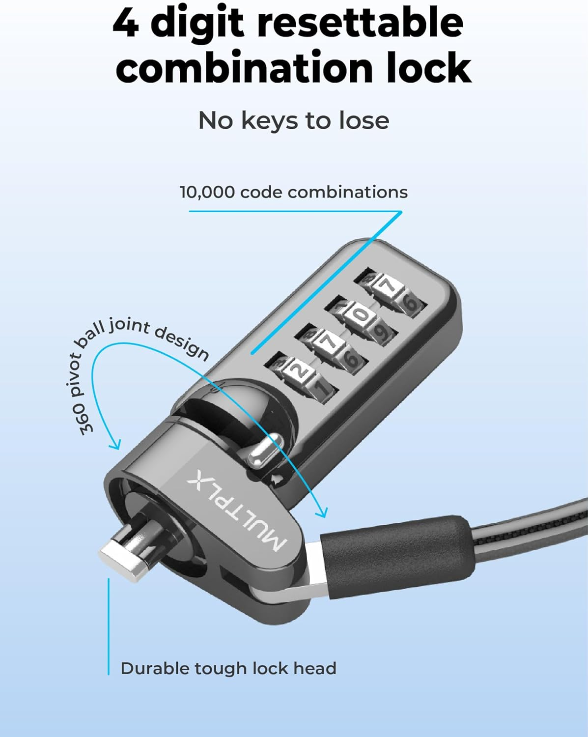 Combination Laptop Lock | Standard Size T-Shaped Bar Locking Mechanism | 1.7M Hard Cut Resistant Steel Cable | 4 Digit Combination Lock | Strong Security Lock image number 4