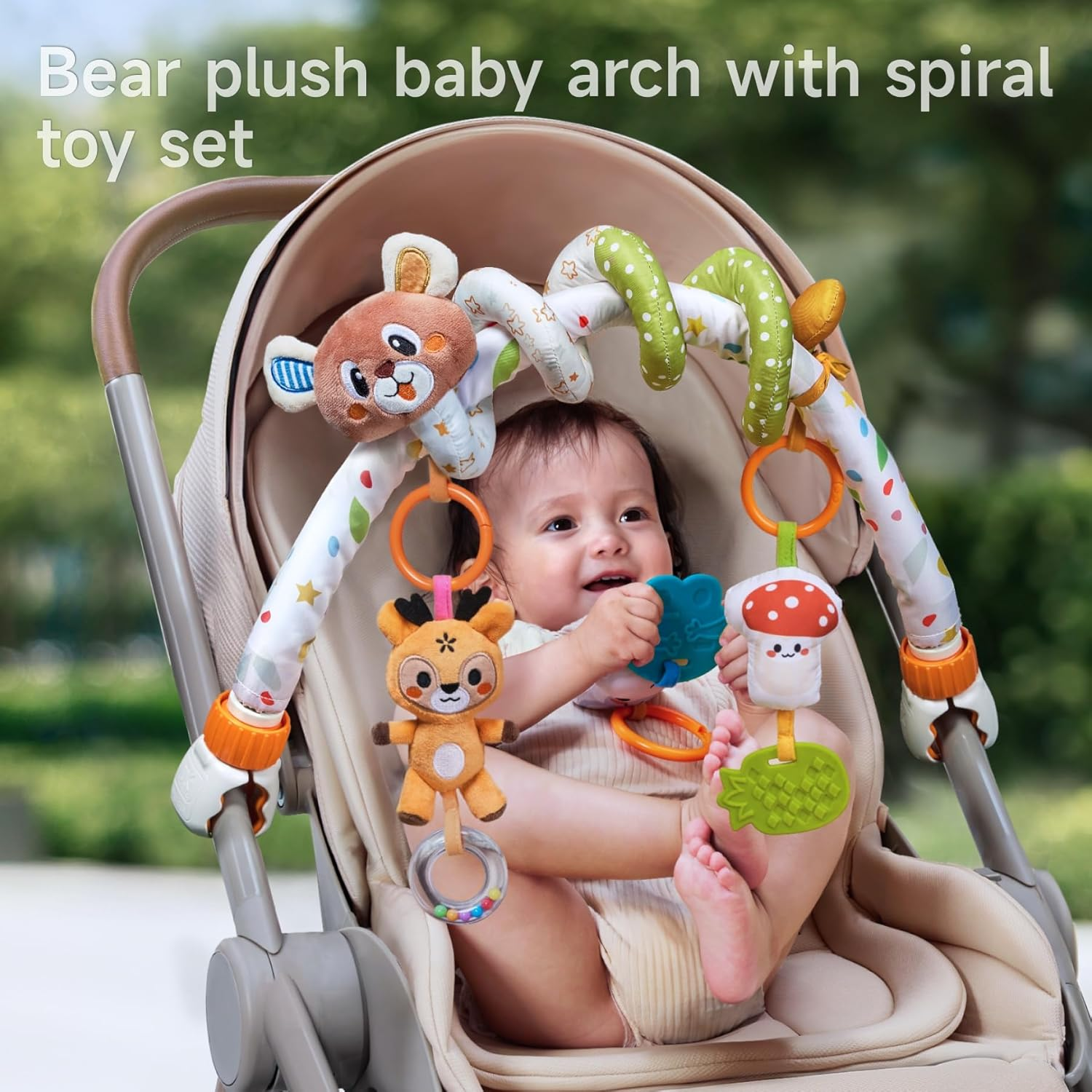 TUMAMA Baby Activity Arch with Bear Spiral Toy, Clips Adjustable and Detachable Sensory Stimulating Hanging Toys Baby Toys 0-3 3-6 Months, Newborn Strollers Bassinets Crib Carseat Toy image number 5