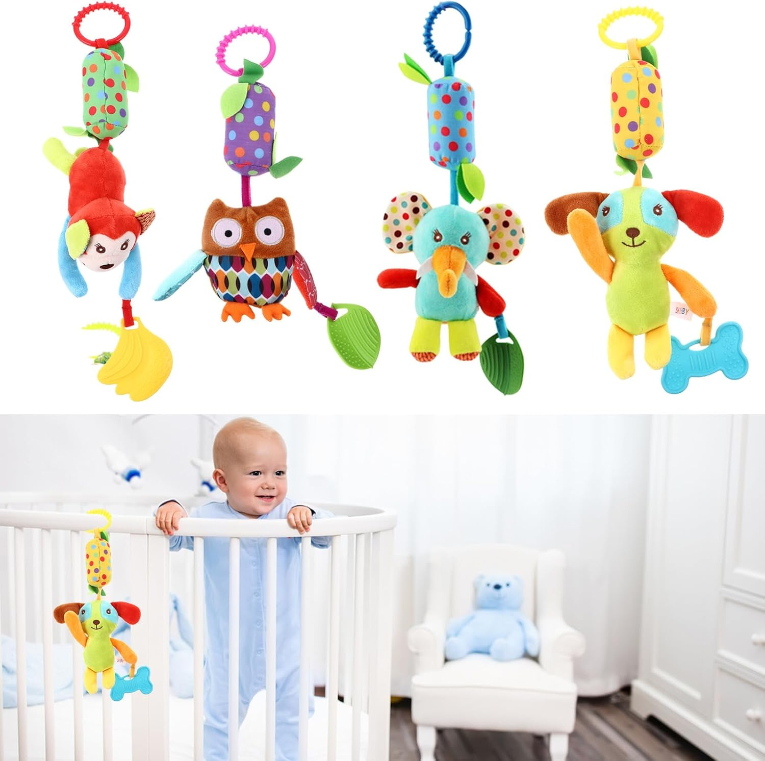 4Pcs Stroller Hanging Cartoon Bell with Sensory Rattles for Cribs and Prams Comfortable Material for Development and Hand-Eye Coordination image number 1