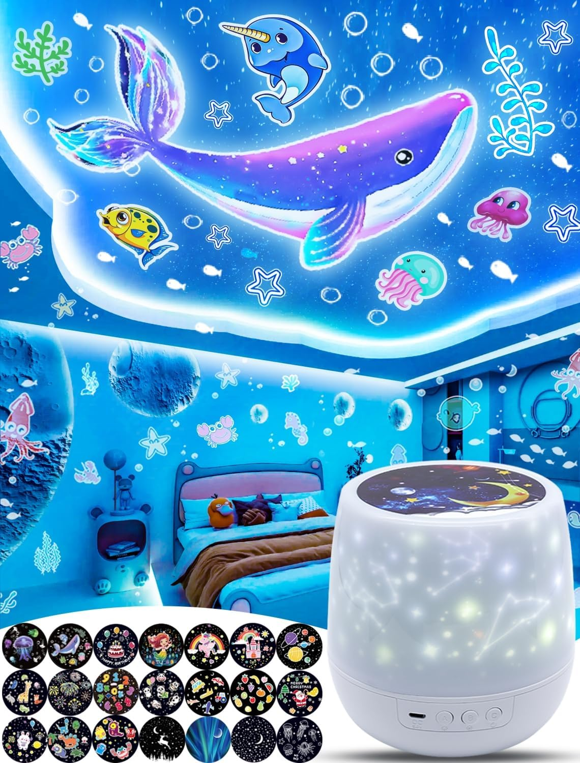 21 Sets of Films, Projector Night Light for Kids, Kids Night Light Projector for Bedroom, Ceiling, Star Galaxy Projector with 360&deg; Rotation Dimmable for Girls, Birthday, Christmas, Nursery, Room Decor