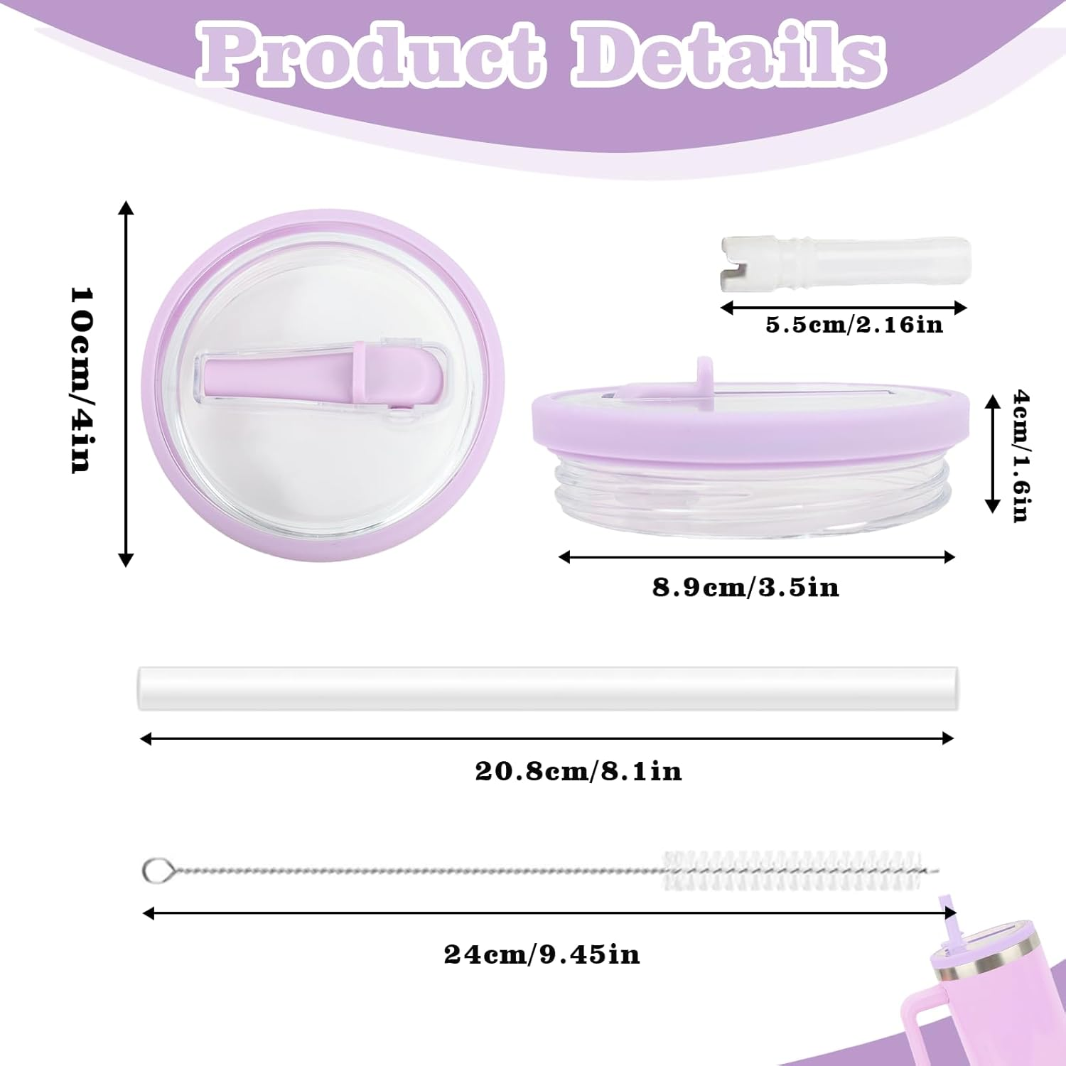 Viiotu 8 Pcs 40 Oz Spill Proof Tumbler Flip Straw Lid Replacement Fit for Stanley Quencher, Reusable Accessories with Straw Cleaner Brush, Silicone Straw for Stanley Cup (Purple) image number 5