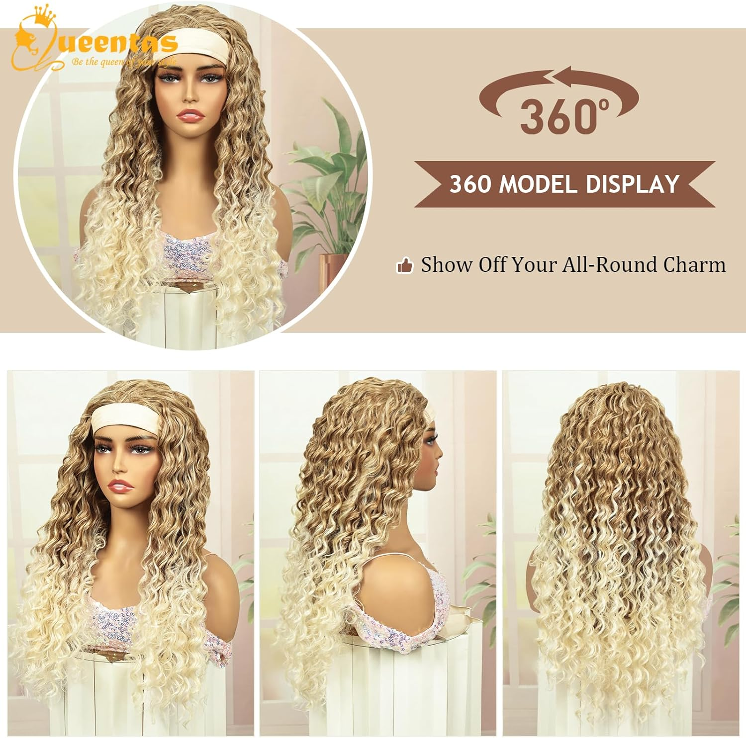 QUEENTAS Headband Wigs for Women Blonde Deep Wave Headband Wig Curly Glueless Hair Wigs Machine Made No Lace Deep Curly Headband Wig - Blonde image number 4