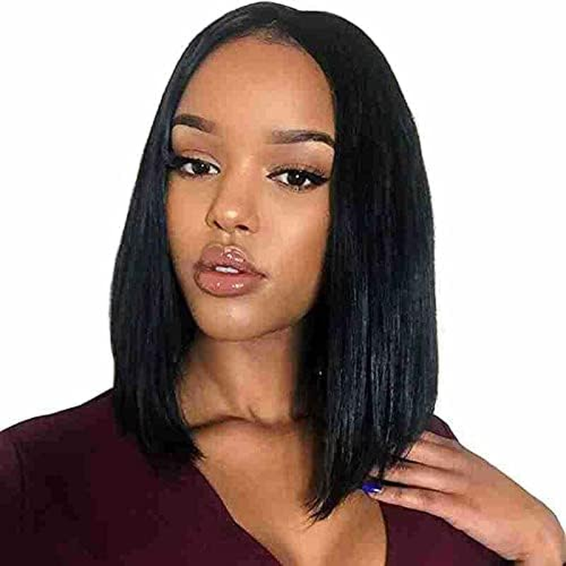 Short Straight Middle Part Hair Wig Medium Length Synthetic Heat Resistant Wigs for Women with Wig Cap (Black, One Size)