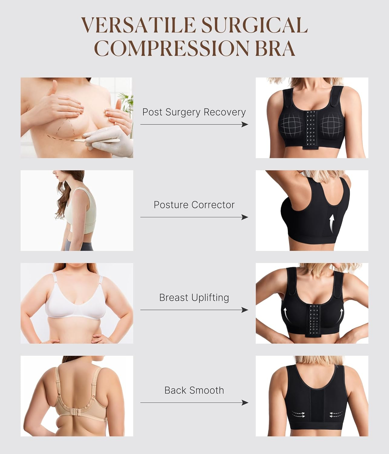 Post Surgery Compression Bras for Women Front Closure Mastectomy Bra with Wide Adjustable Straps Wirefree image number 4