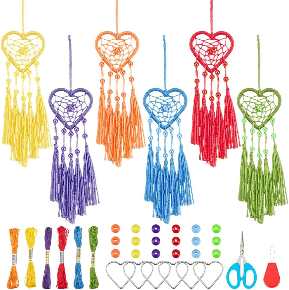INFUNLY 6 Set DIY Small Dream Catcher Kit Rainbow Heart Dream Catchers DIY Heart Macrame Craft Kit for Hanging Decor Boho Home Charms with Instruction Video for Car Handbag Pendant Keys Purse Wallet image number 3