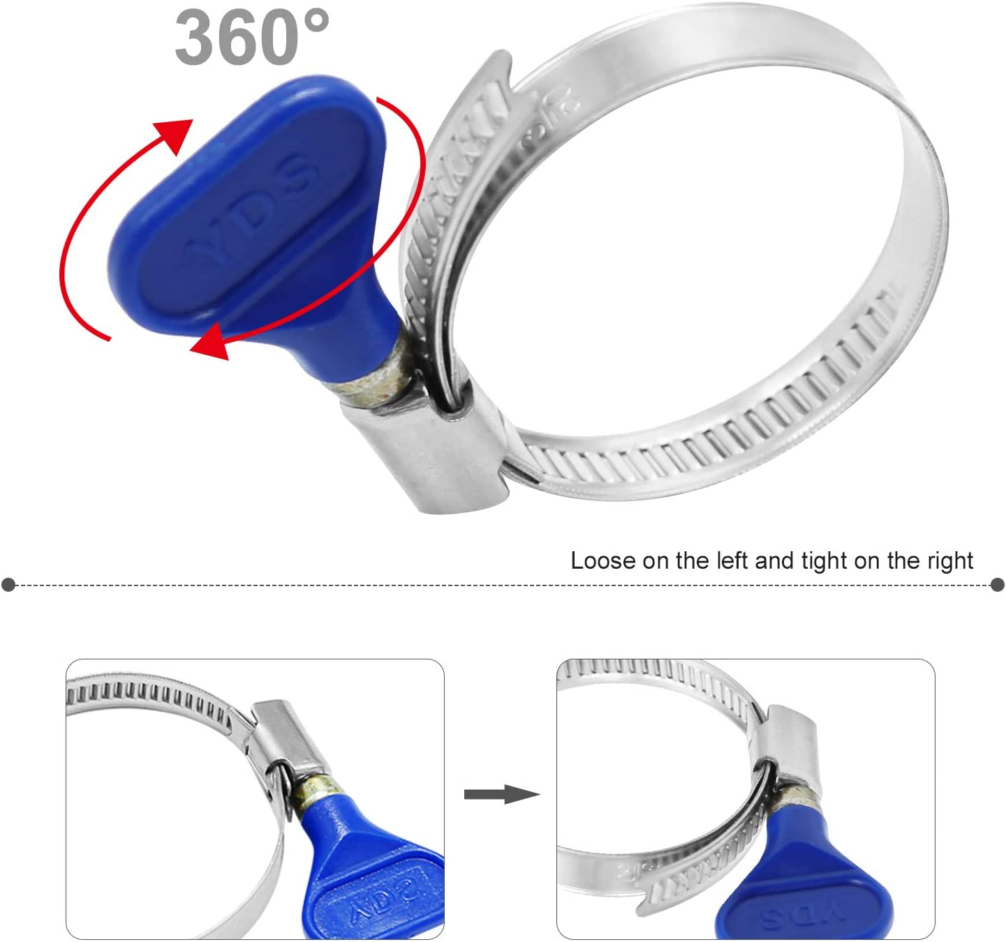 Pack of 10 Stainless Steel Hose Clamps 50-70Mm (1-7/8" to 2-7/8") Clamp 304 Stainless Steel Butterfly, 9Mm Width 0.6Mm Thickness Shank Card, for Pipeline Automotive (3-Blue-(50-70Mm) - Yellow image number 2