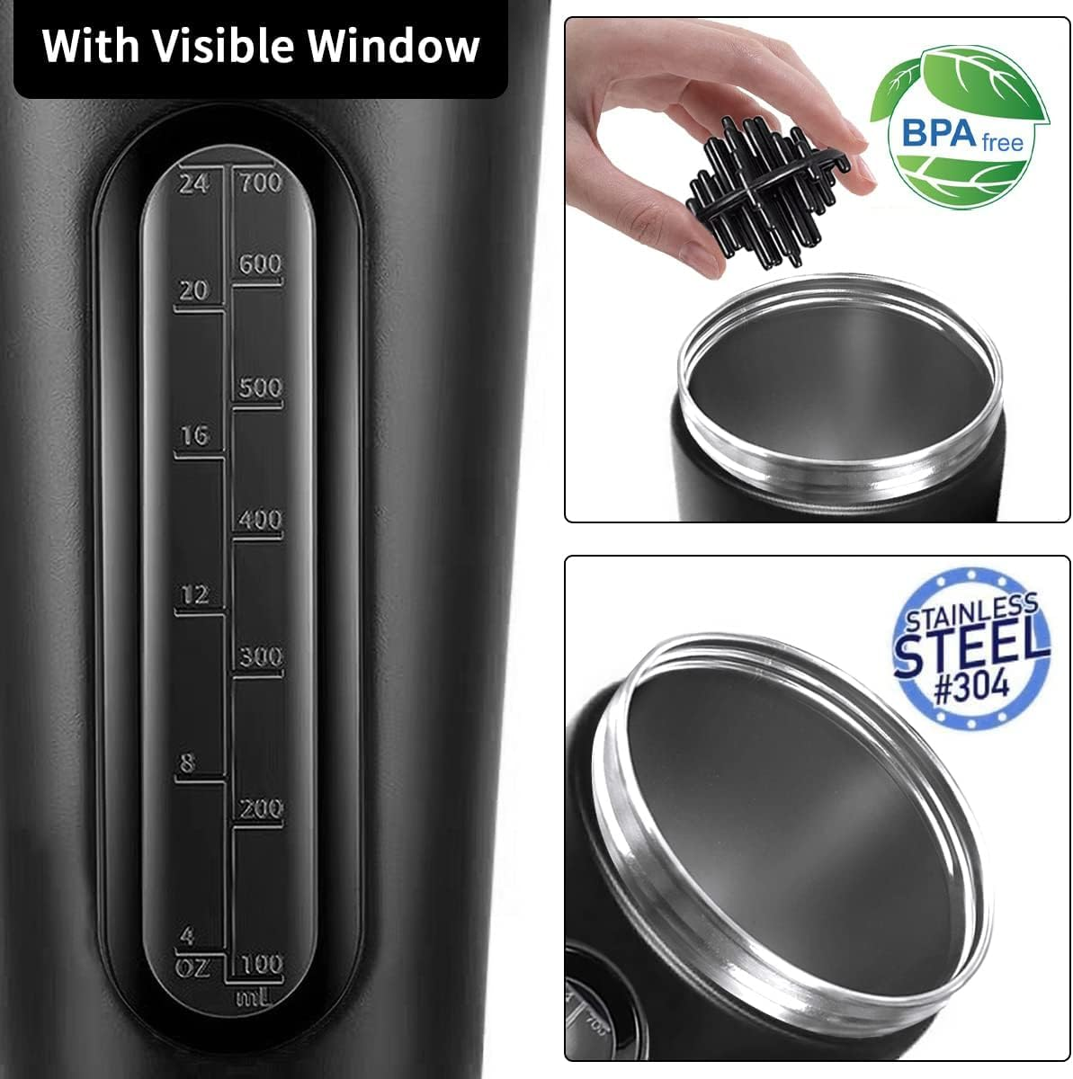 Protein Shaker Bottle, 700Ml Stainless Steel Bottle with Visible Window, Bpa-Free, Leak-Proof Design (Black)