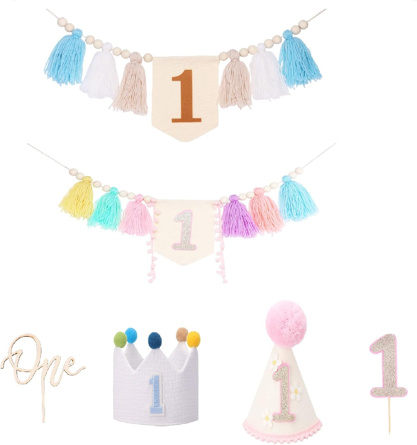 DJAPWPX 3 Pcs Baby First Birthday Party Decorations, Includes High Chair Banner Crown Hat and Cake Topper, Unique 1St Birthday Decorations for Baby Girls and Boys (Blue)