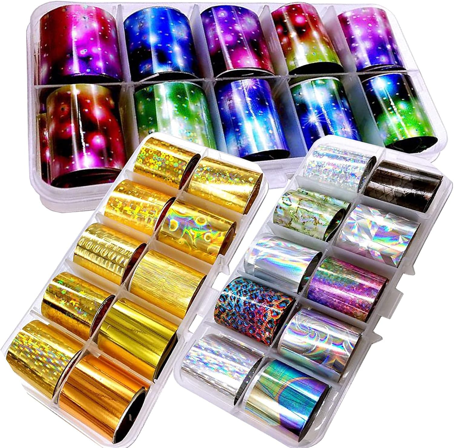30 Rolls Holographic Transfer Nail Foil Glitter Starry Sky Nail Foils Wraps Metallic Gold Silver Laser Transfer Nail Decals Nail Foil Paper,1 Stainless Steel Curved Scissors (Holographic Starry) image number 4