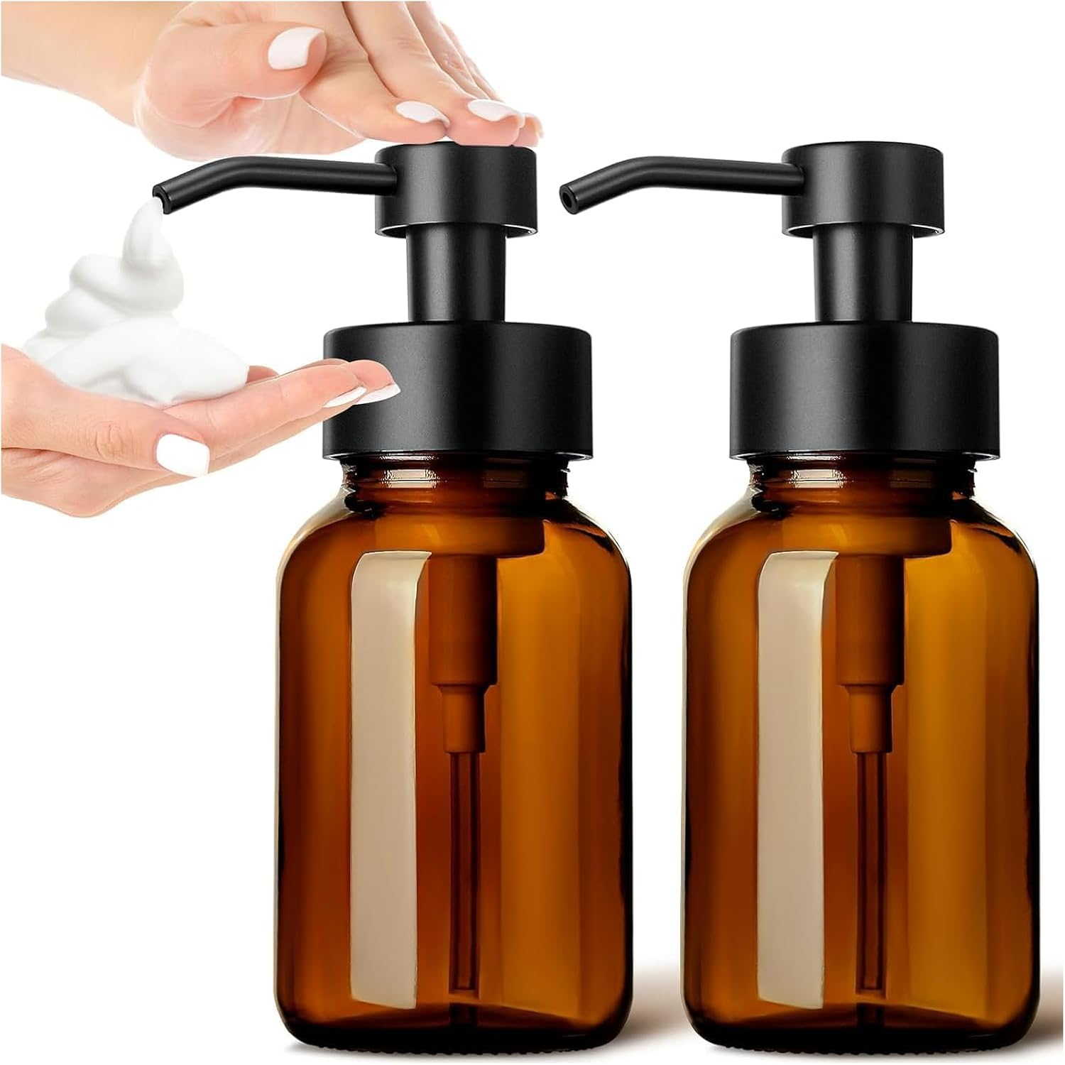 Foaming Soap Dispenser, 8.5 Oz Amber Glass Foam Soap Dispenser for Bathroom & Kitchen, 2 Pack Modern Refillable Foaming Hand Soap Dispenser, Foam Pump Bottle with Waterproof Labels image number 1