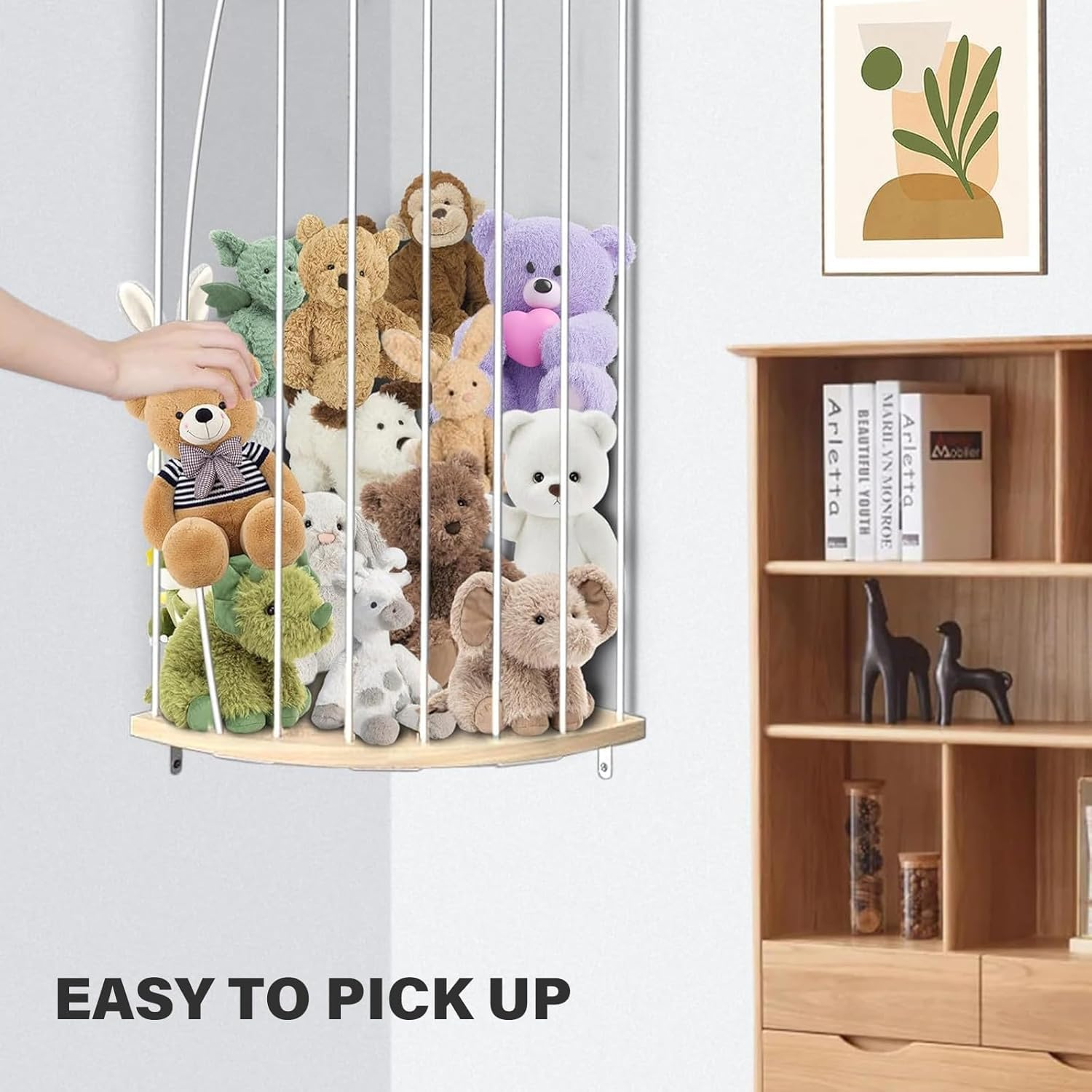 Stuffed Animal Storage for Plushie Toys, Wood Corner Stuffed Animal Toy Hammock Hanging, Stuffed Animal Net for Plushie Toys with Adjustable Height for Kids Playroom Bedroom Organizer image number 1
