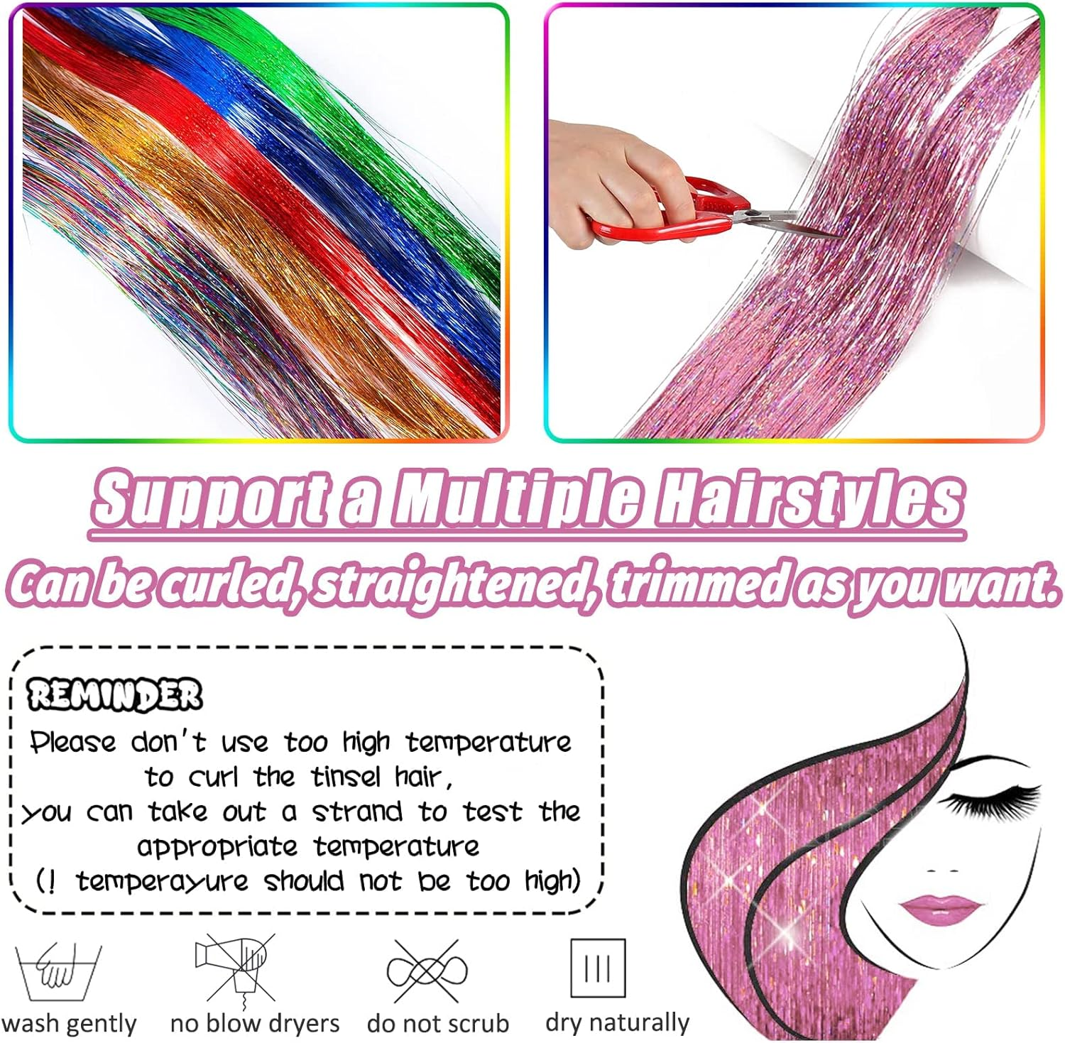 Hair Tinsel Extensions 1200 Strands &ndash; 47Inch Long Sparkle Glitter Hair Highlights, Holographic Fairy Shiny Tinsel Extensions for Women &ndash; Party, Festival and Christmas Hair Decorations (Pink) - Pink image number 6