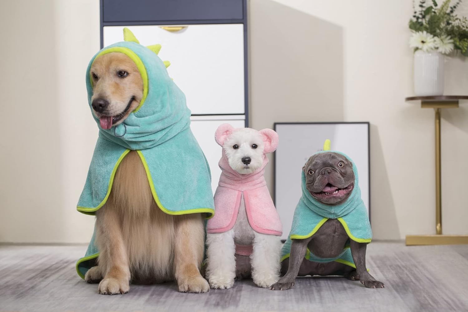 Pawyee Super Soft Fast-Drying Dog Towel with Drying Gloves for Cold Weather, Beach, Pool - Adjustable Microfiber Bath Robe Set (2 Pcs) for Cats and Dogs (X-Large, Blue Dino) image number 6