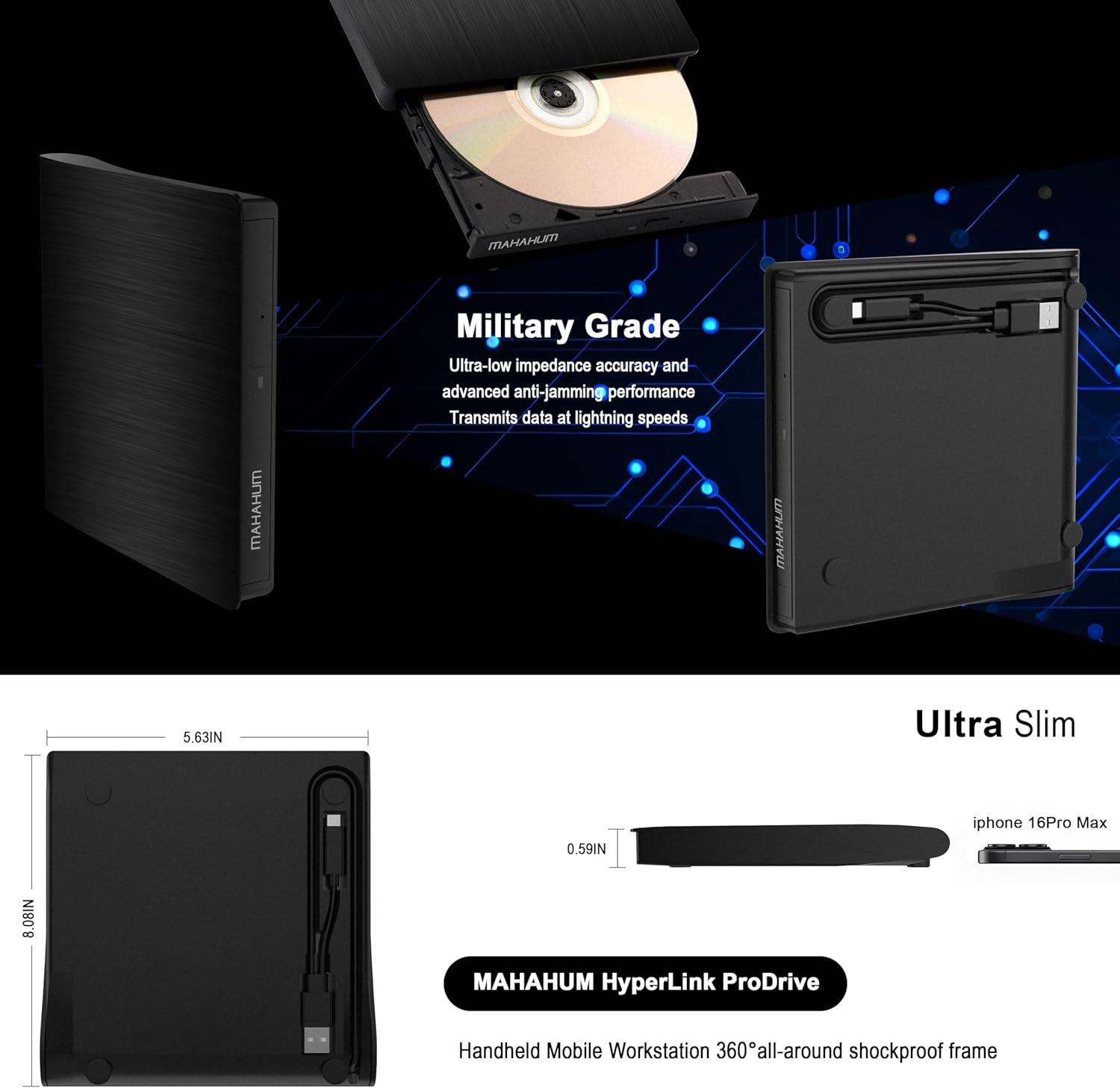 MAHAHUM External CD/DVD Drive for Laptop USB 3.0 & USB C CD Player Portable Ultra-Slim External DVD Drive Compatible with Laptop Desktop PC Mac OS Mac Macbook Pro/Air Windows 11/10/8/7 Linux（Black） image number 2