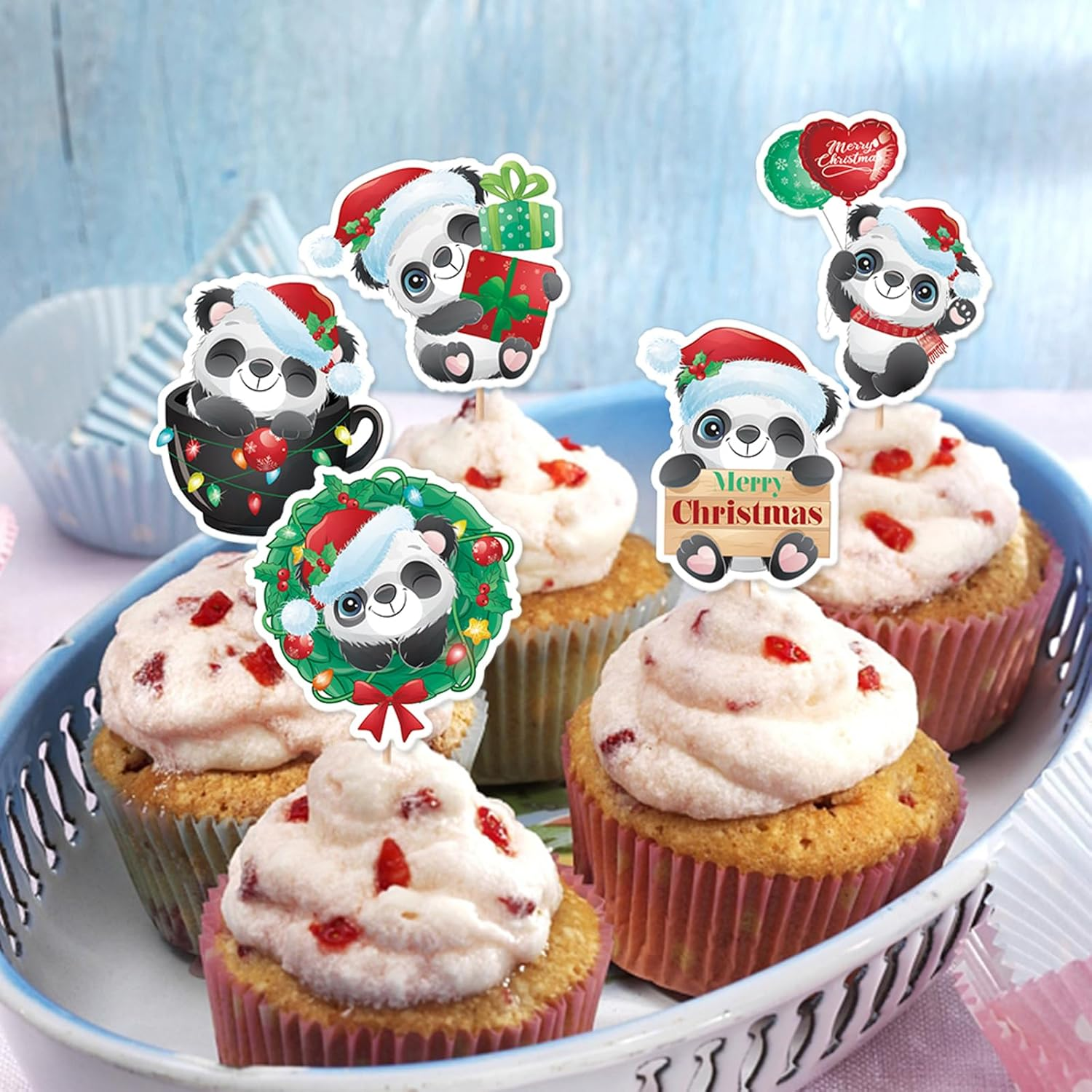 Christmas Cupcake Toppers Winter Cake Decorations Snowman Panda Penguin Cartoon Design Cake Toppers Picks for Winter Birthday Christmas Party Decoration Supplies (56Pcs) image number 2