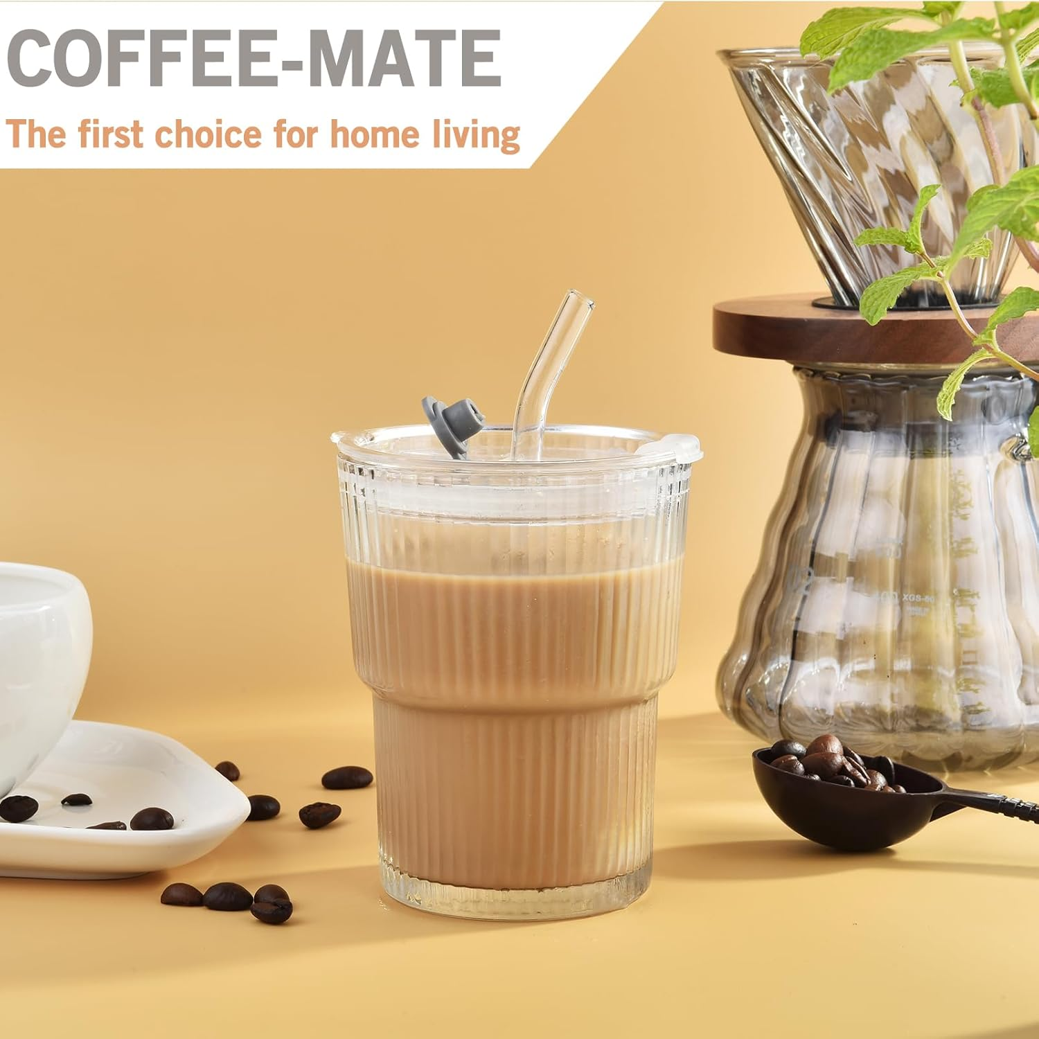 14Oz Glass Tumblers with Lids and Straws, Set of 2 - Stylish Ribbed Design Drinking Glasses for Iced Coffee Cups, Juice, Smoothies, Cold Beverages, Includes Cleaning Brush, Durable Glassware image number 3