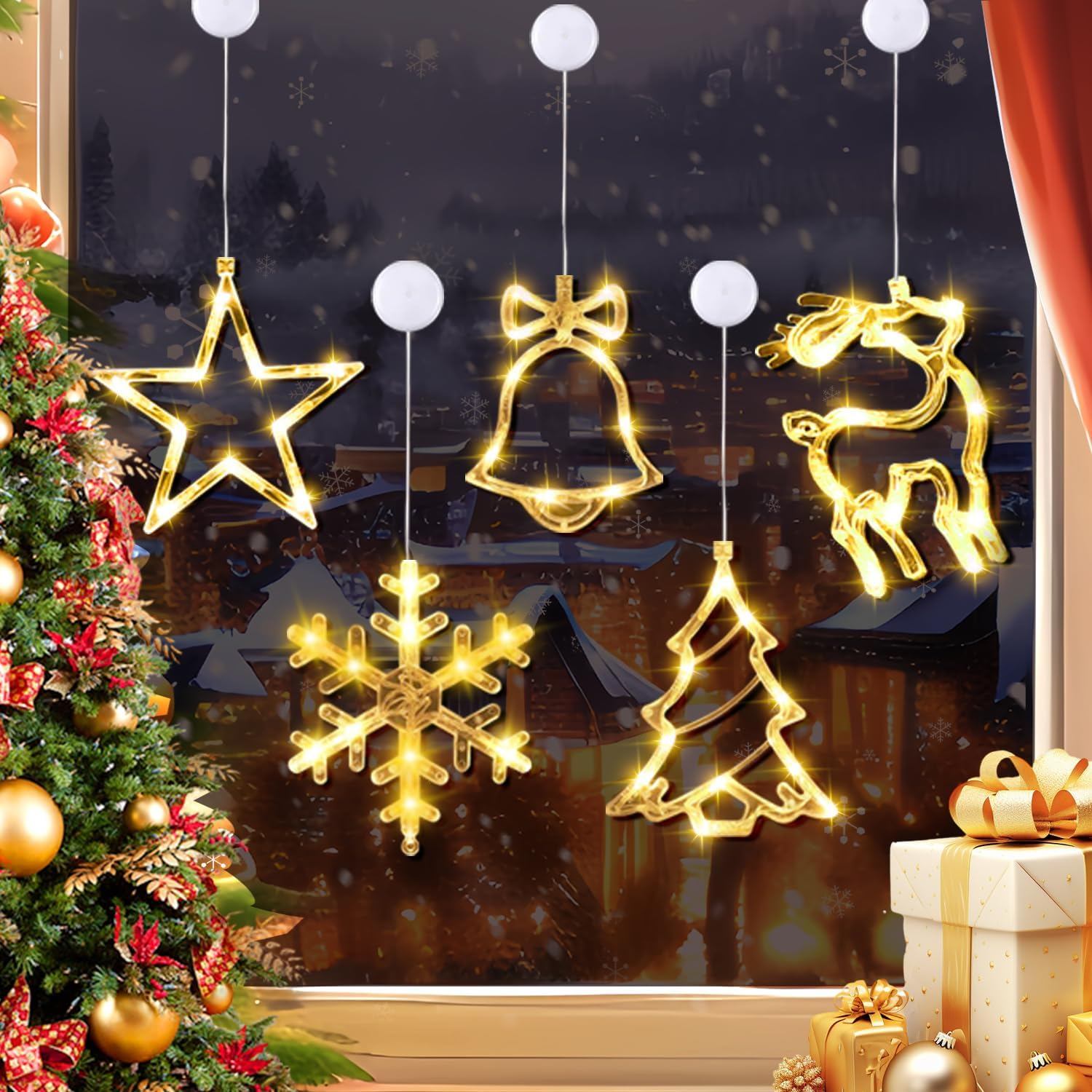 Christmas Decorations|5Pcs LED Christmas Window Lights Silhouette Decoration Lighted Bell-Tree-Reindeer-Snowflake-Star Battery Operated with Suction Cup image number 2