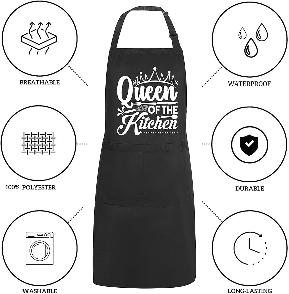 POTALKFREE Funny Aprons for Women with 2 Pockets, Queen of the Kitchen, Adjustable Bib Water Resistant Cooking Chef Apron, Gifts for Mom, Wife, Friends, Queen of the Kitchen Black, 27" W X 29" L