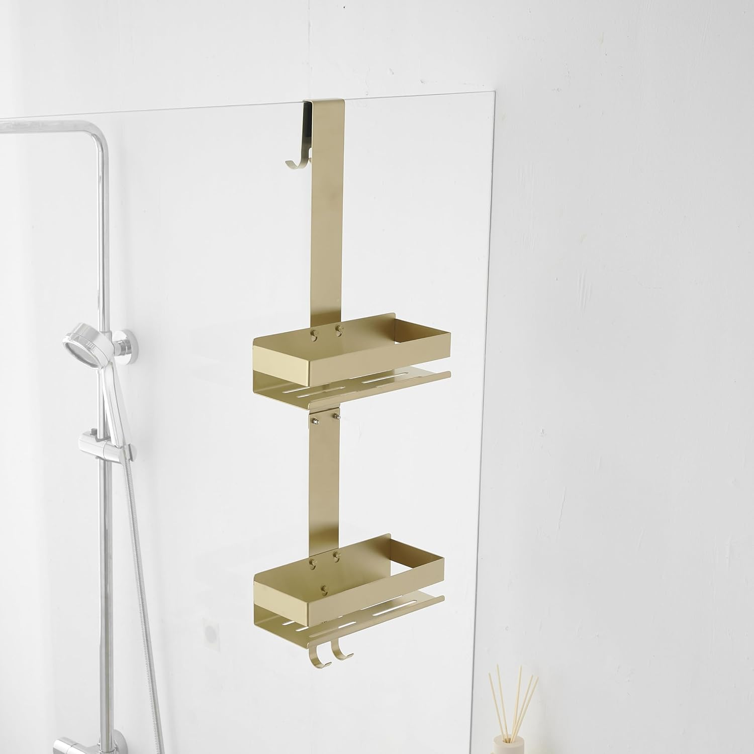 Hiendure Shower Caddy over Door Black - 2 Tier Haning Shower Caddy Shelf Rack, Stainless Steel Shower Organizer No Drilling Bath Shower Storage