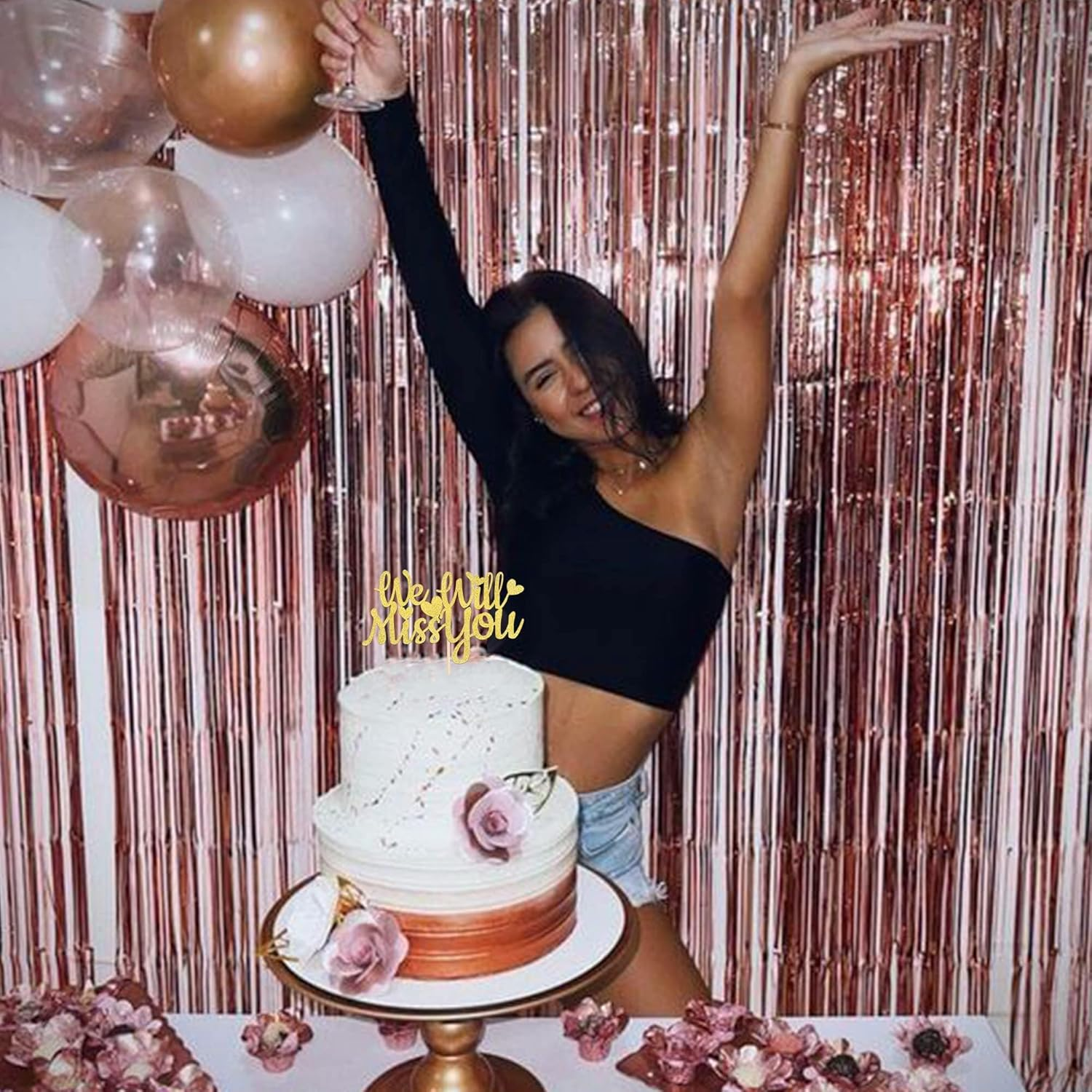 SYKYCTCY 1 Pack We Will Miss You Cake Topper Glitter Love Heart Good Luck Cake Pick Retirement Theme Going Away Party Cake Decorations Gold image number 3