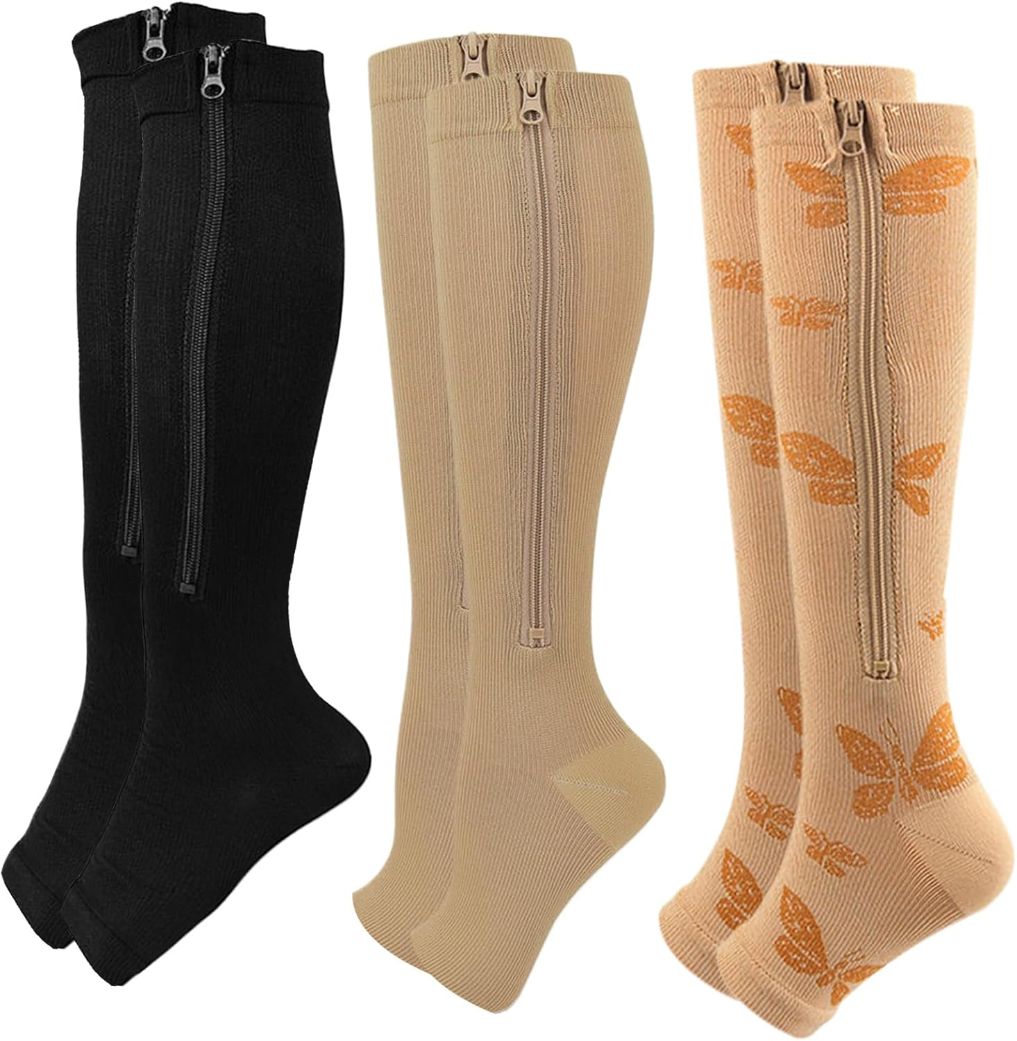 Dress Cici Open Toe Compression Socks, Toeless Compression Socks with Zipper, Zippered Sock for Women (3 Pack)