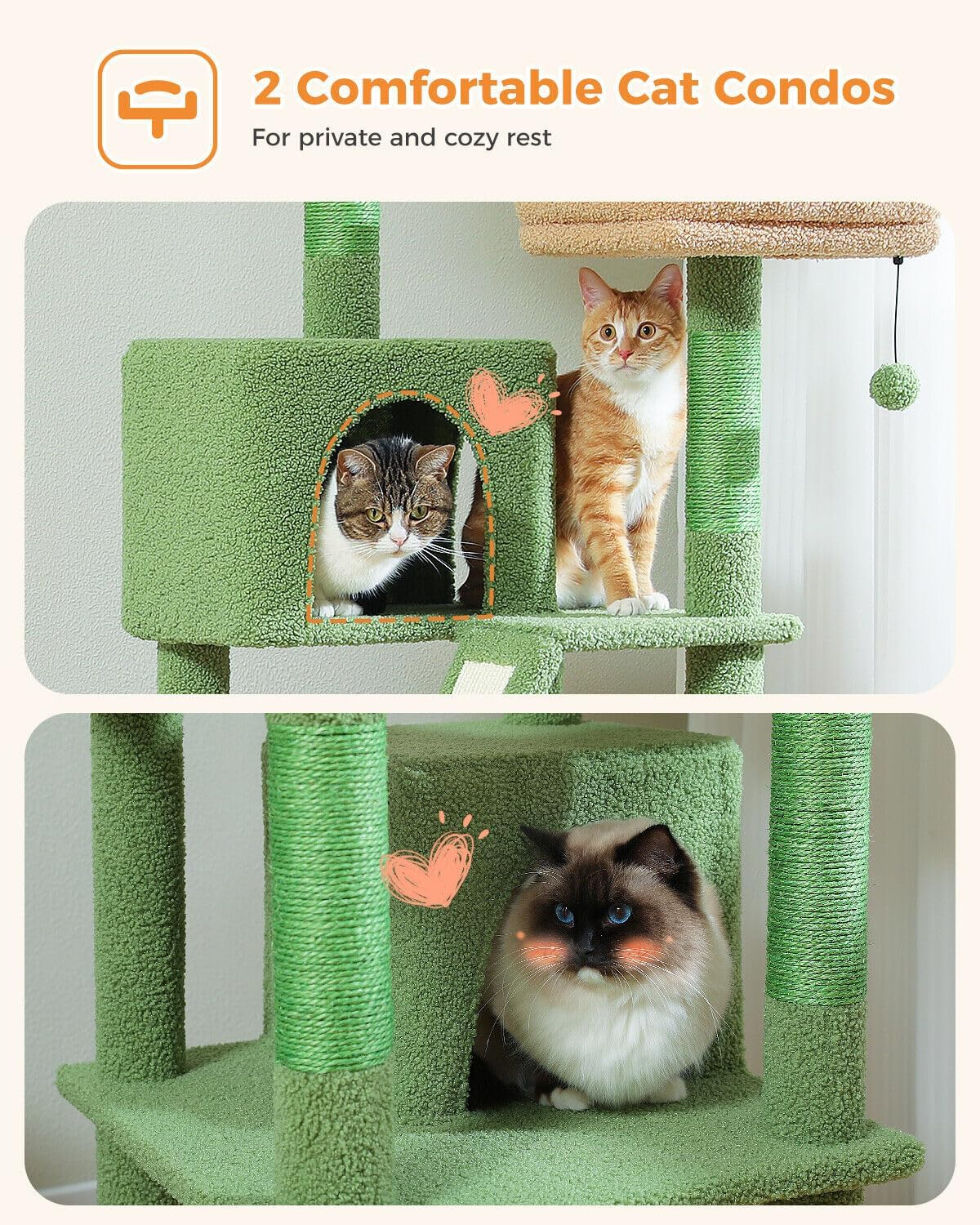 PAWZ Road 180Cm Large Cat Tree for Indoor Cats, Multi-Level Cat Tower Cat Scratching Post with 2 Perches, 2 Condos, Hammock and 2 Pompoms Green - Green image number 2